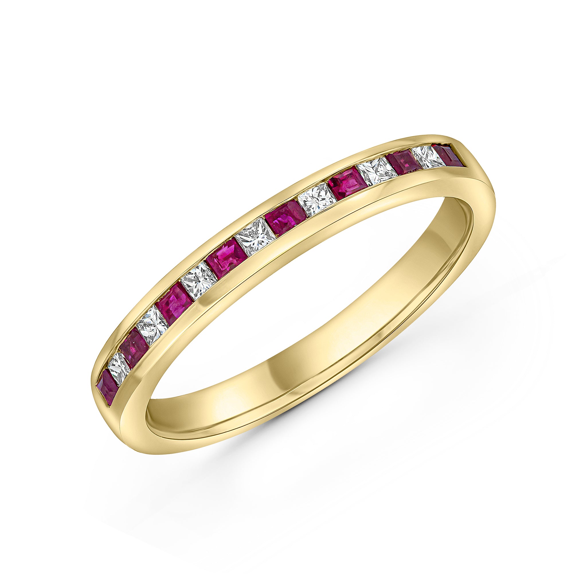 18ct Yellow Gold Square Ruby and Princess Cut Diamond Channel Set 15 Stone Eternity Ring