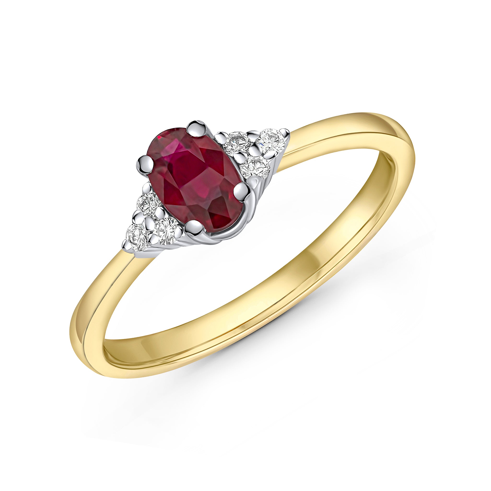 18ct Ywg 6x4mm Oval Ruby and Diamond Trefoil Shoulders Claw Set Ring