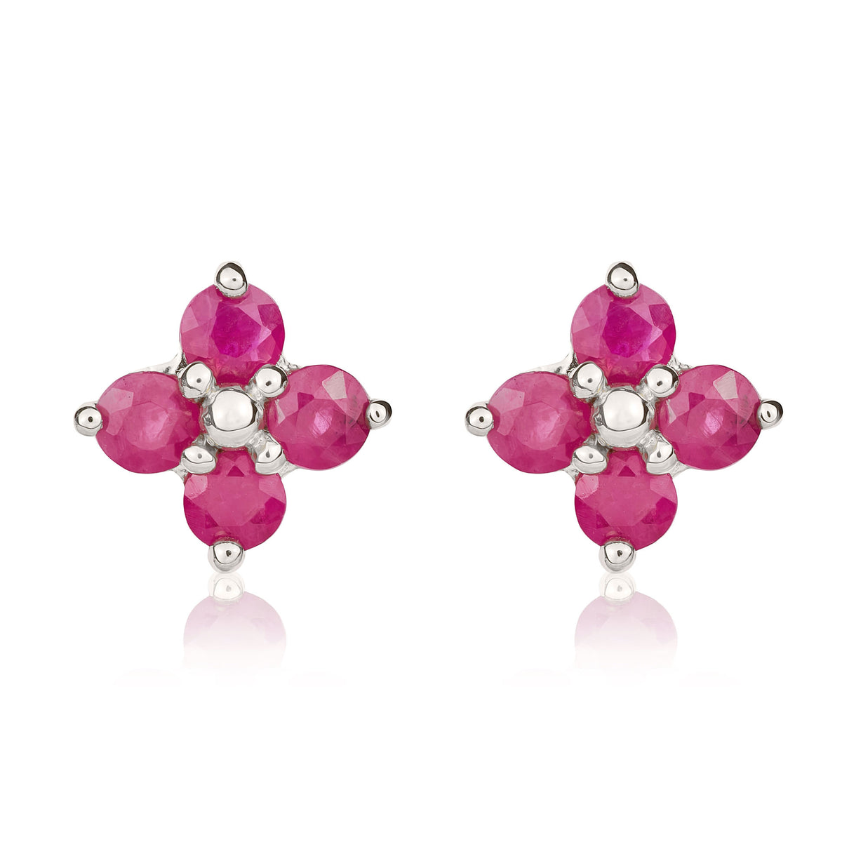 9ct White Gold Round Ruby Quatrefoil Claw Earrings