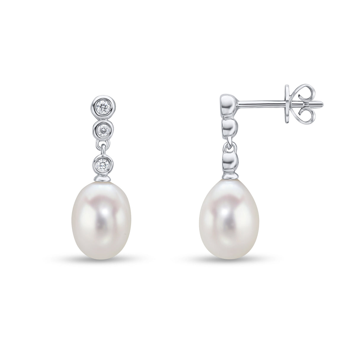 18ct White Gold Cfw Pearl and 3 Stone Diamond Rubover Line Drop Earrings