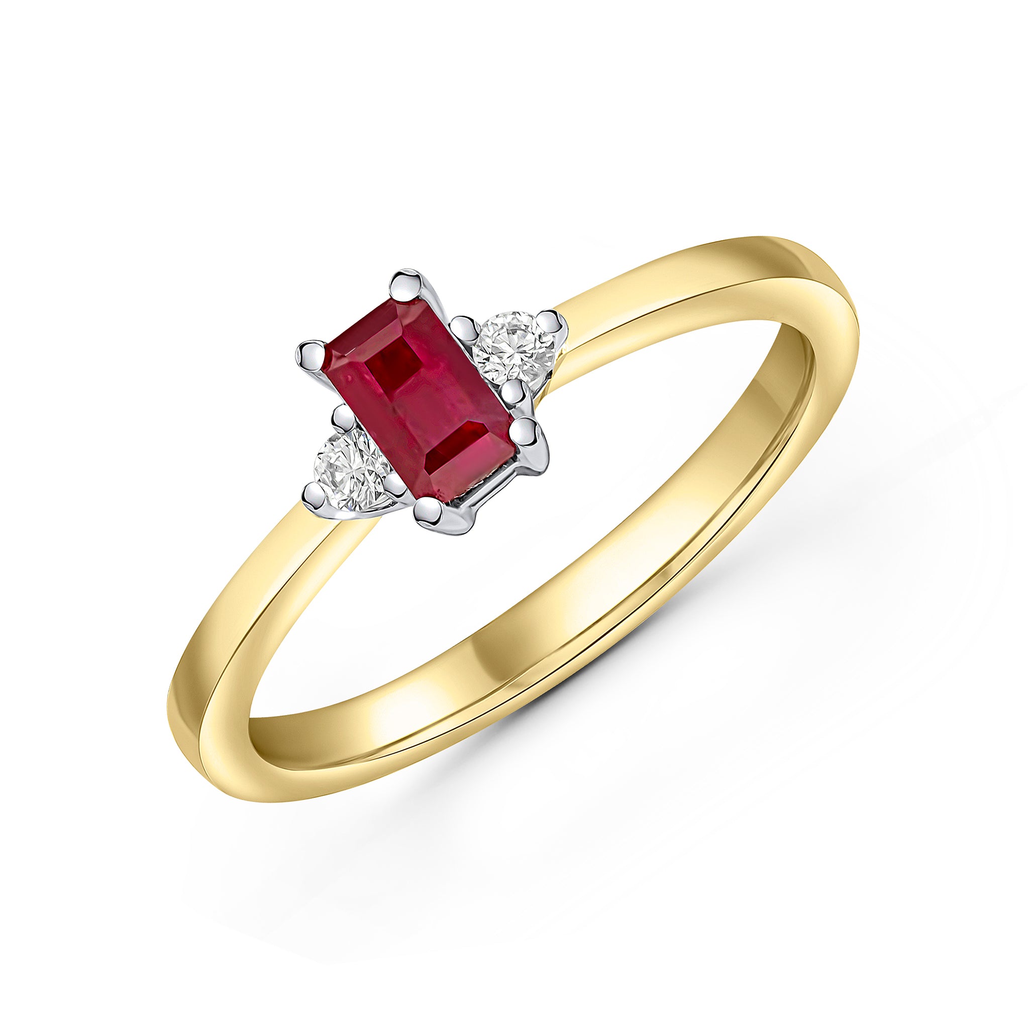 18ct Yellow Gold 5x3 Octagon Ruby and Round Diamond Claw Set 3 Stone Ring