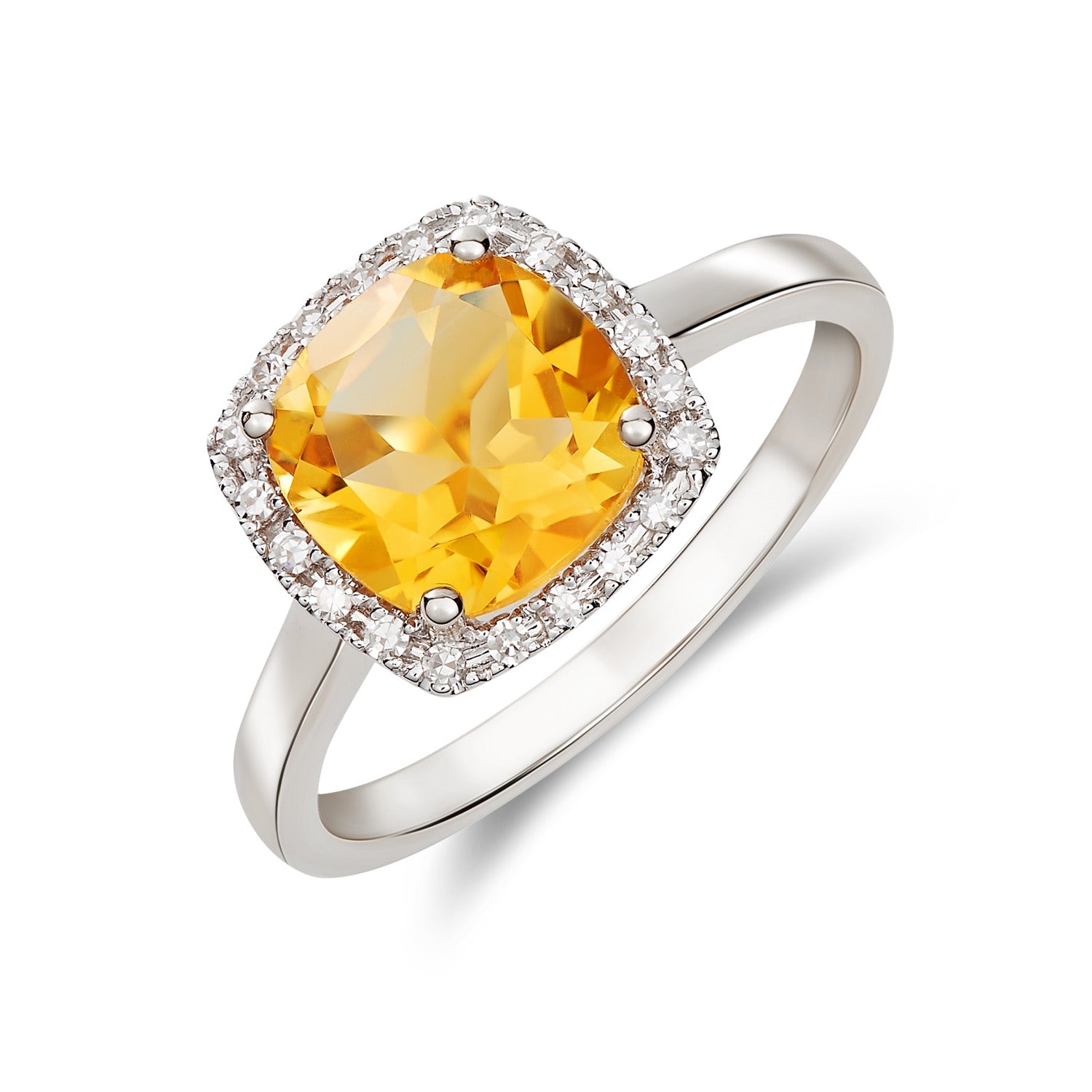 9ct White Gold 8mm Cushion Citrine and Round Diamond Claw Set Cluster Ring