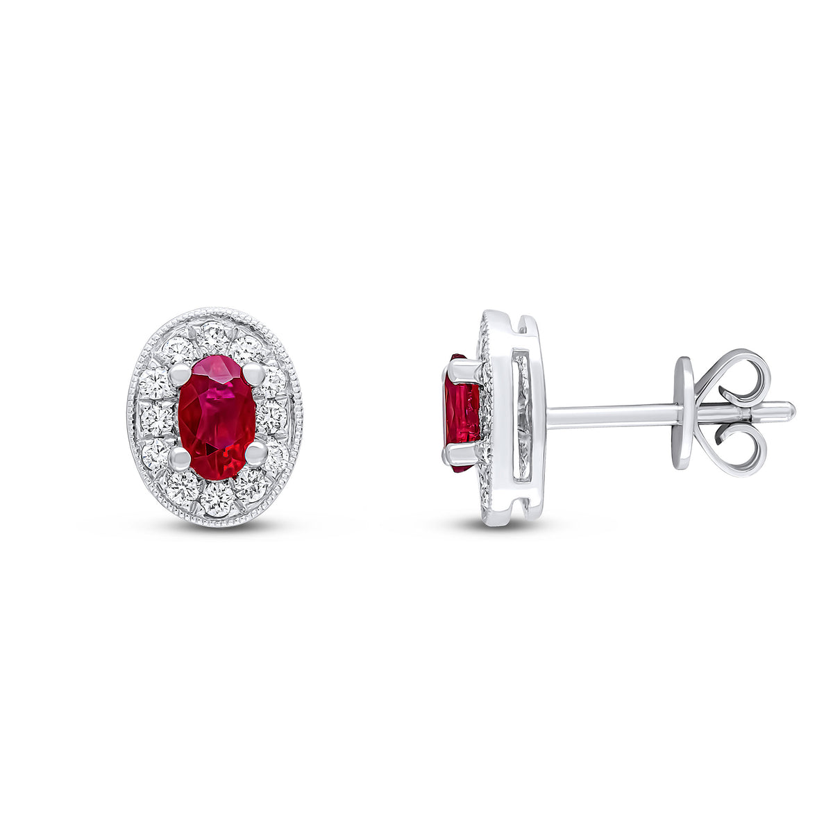 18ct White Gold Claw Set 5x3 Oval Ruby and Milgrain Round Diamond Cluster Earrings