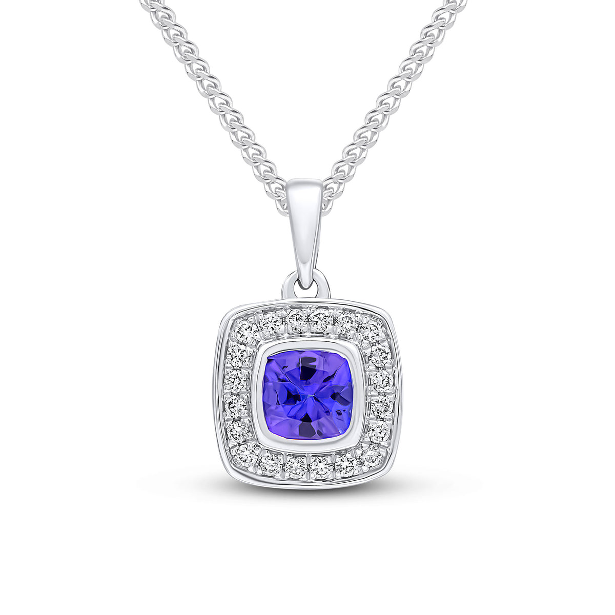 18ct White Gold Rubover 4mm Cushion Tanzanite and Grain Set Round Diamond Cluster Pendant