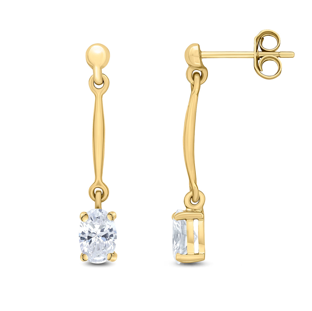9ct Yellow Gold Claw Set 6x4mm Oval CZ and Bar Drop Earrings