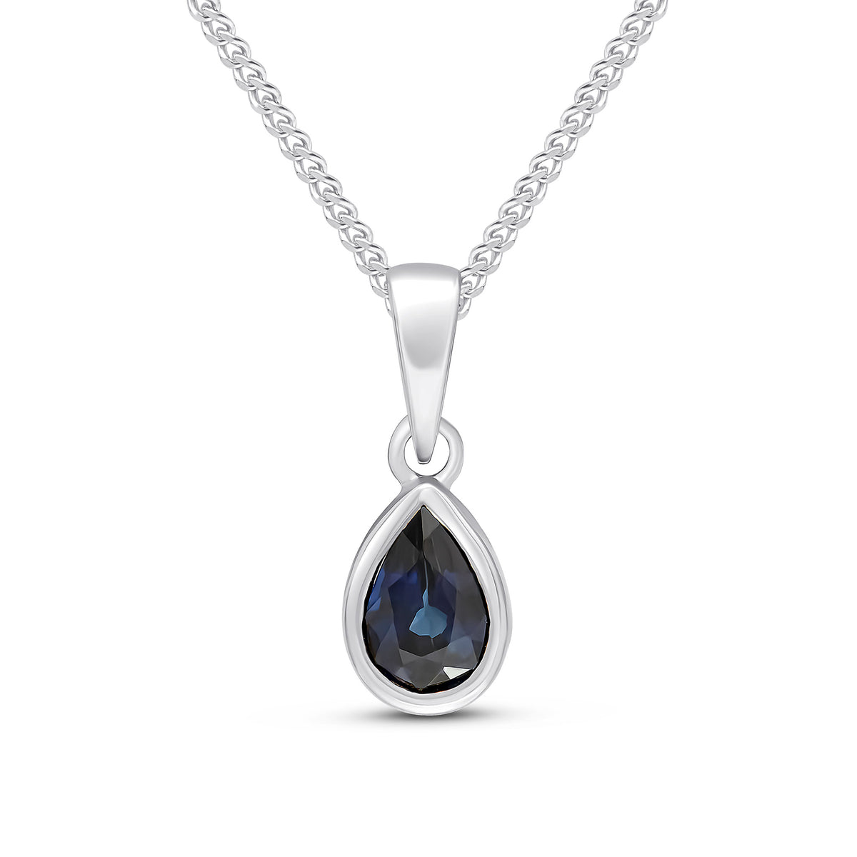 9ct White Gold 6x4 Pear Shape Sapphire Rubover Single Stone Pendant