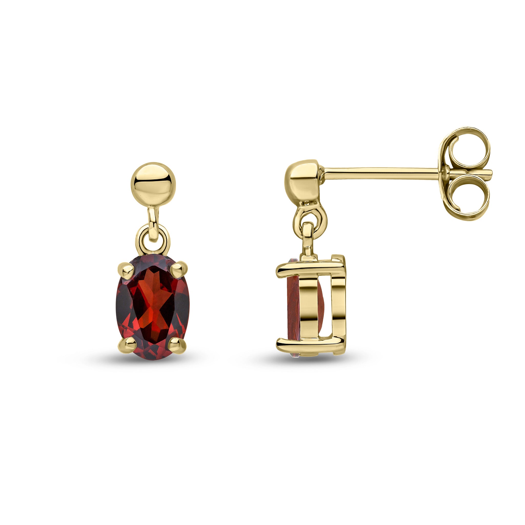 9ct Yellow Gold 6x4 Oval Garnet Claw Set Drop Earrings with Bead Top