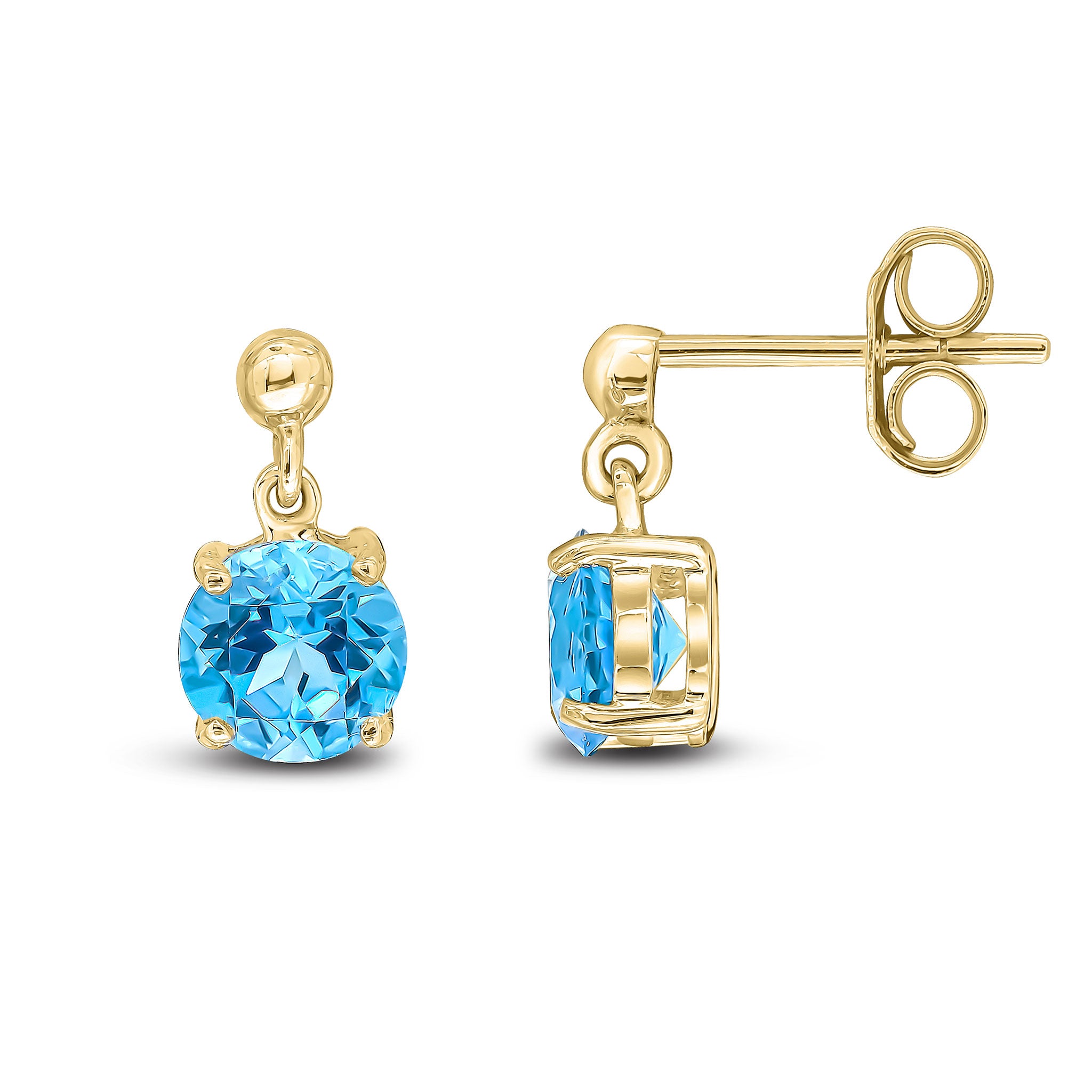 9ct Yellow Gold 6mm Round Swiss Blue Topaz Claw Set Drop Earrings with Bead Top
