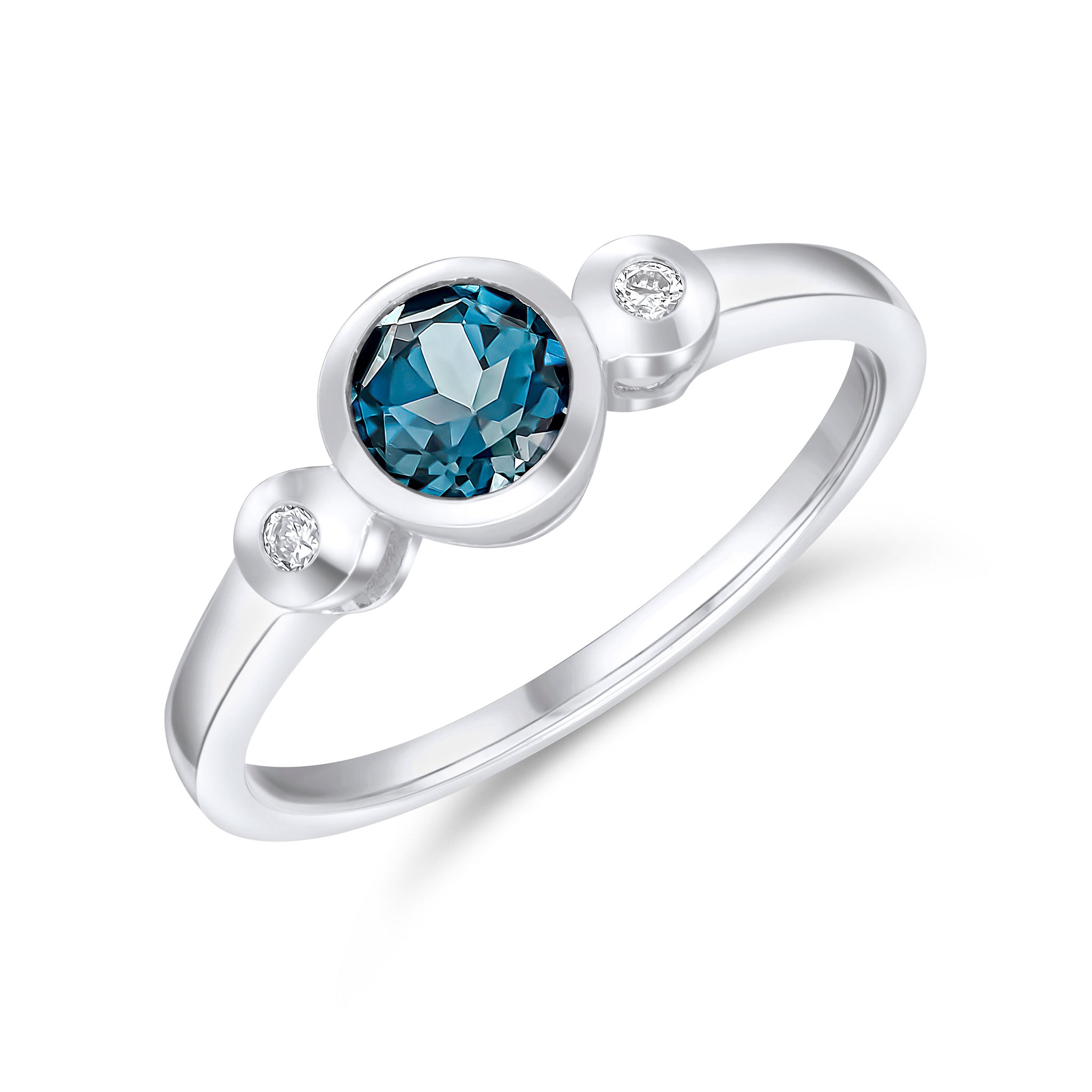 9ct White Gold 5mm Round London Blue Topaz and Diamond Rubover 3 Stone Ring