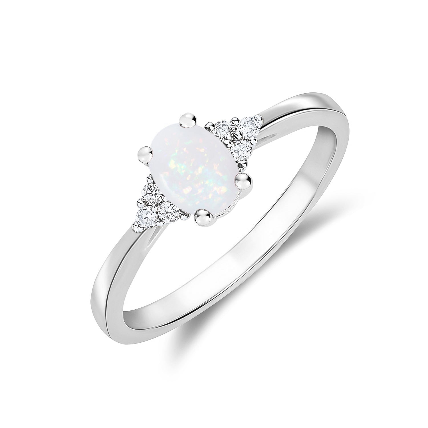 9ct White Gold 7x5 Oval Opal & Diamond Trefoil Shoulders Ring