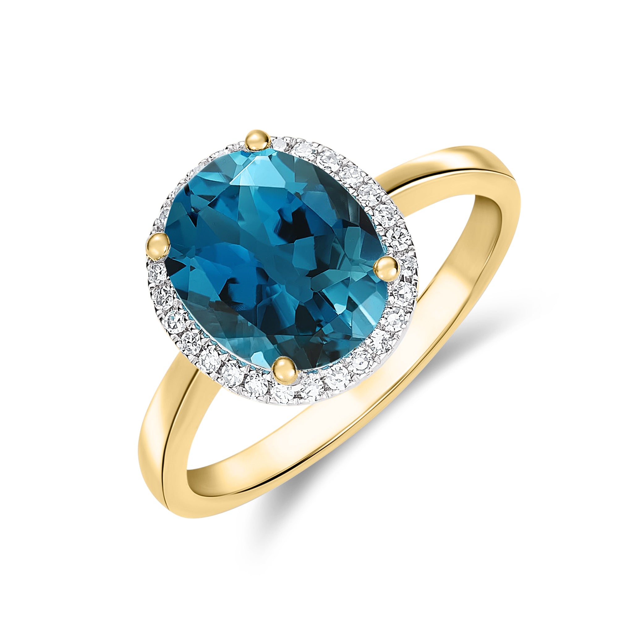 9CT YG 10X8 OVAL LONDON BLUE TOPAZ AND DIAMOND CLAW SET CLUSTER RING. RHODIUM TO DIAMONDS 1