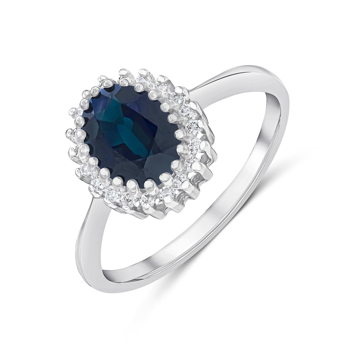 9ct White Gold 8x6 Oval Sapphire & Diamond Claw Set Cluster Ring