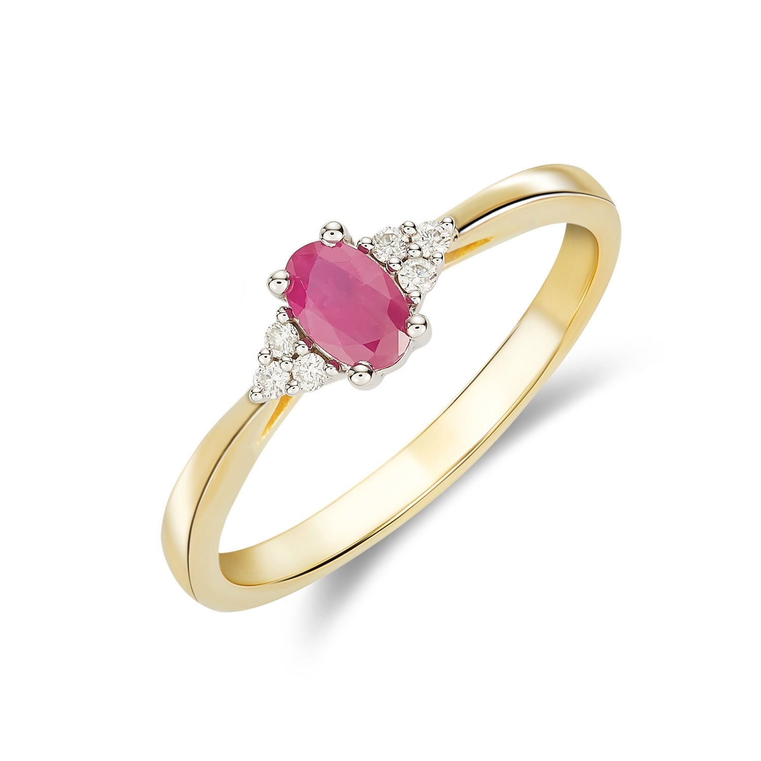 9CT YWG 6X4 OVAL RUBY AND ROUND DIAMOND TREFOIL SHOULDERS RING 1