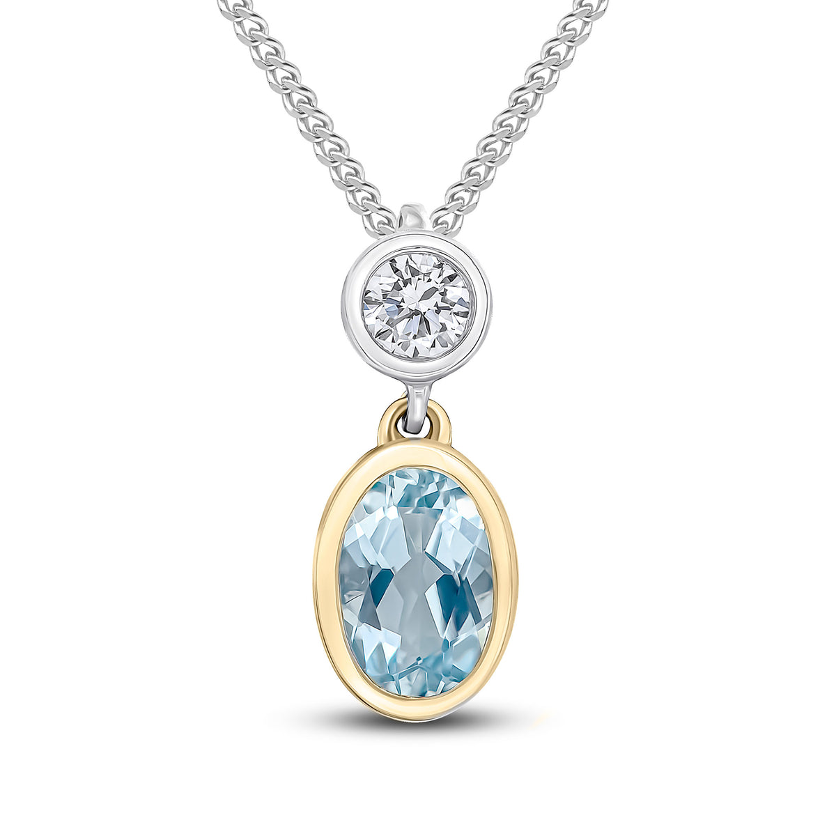 18ct Ywg Oval Aquamarine & Round Diamond 2 Stone Rubover Slider Pendant