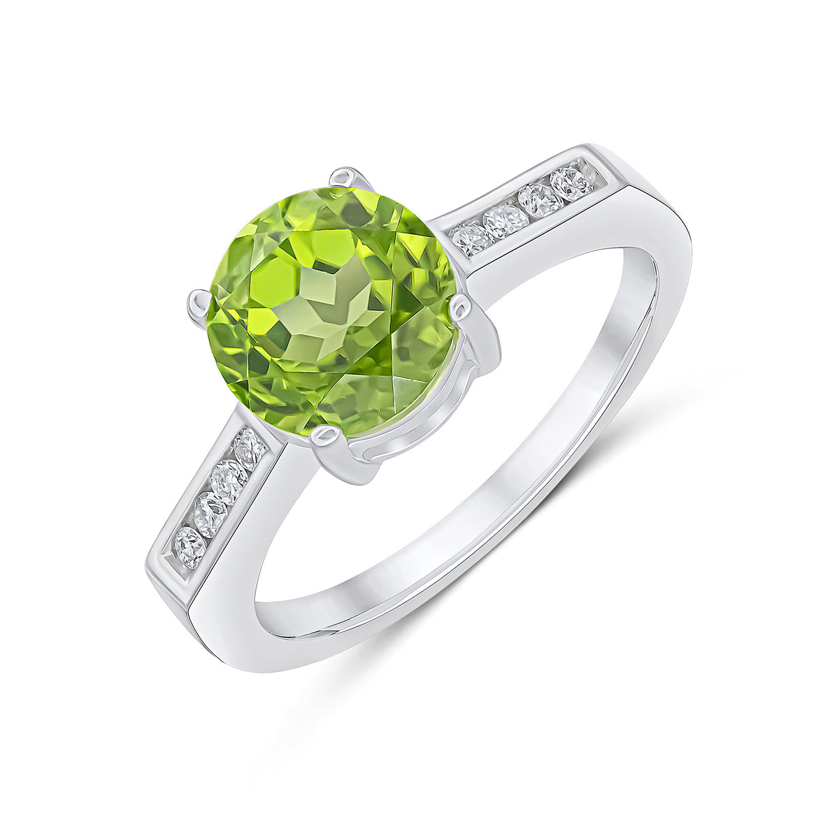 9ct White Gold Claw Set 8mm Round Peridot Single Stone Ring with Channel Set Diamond Shoulders