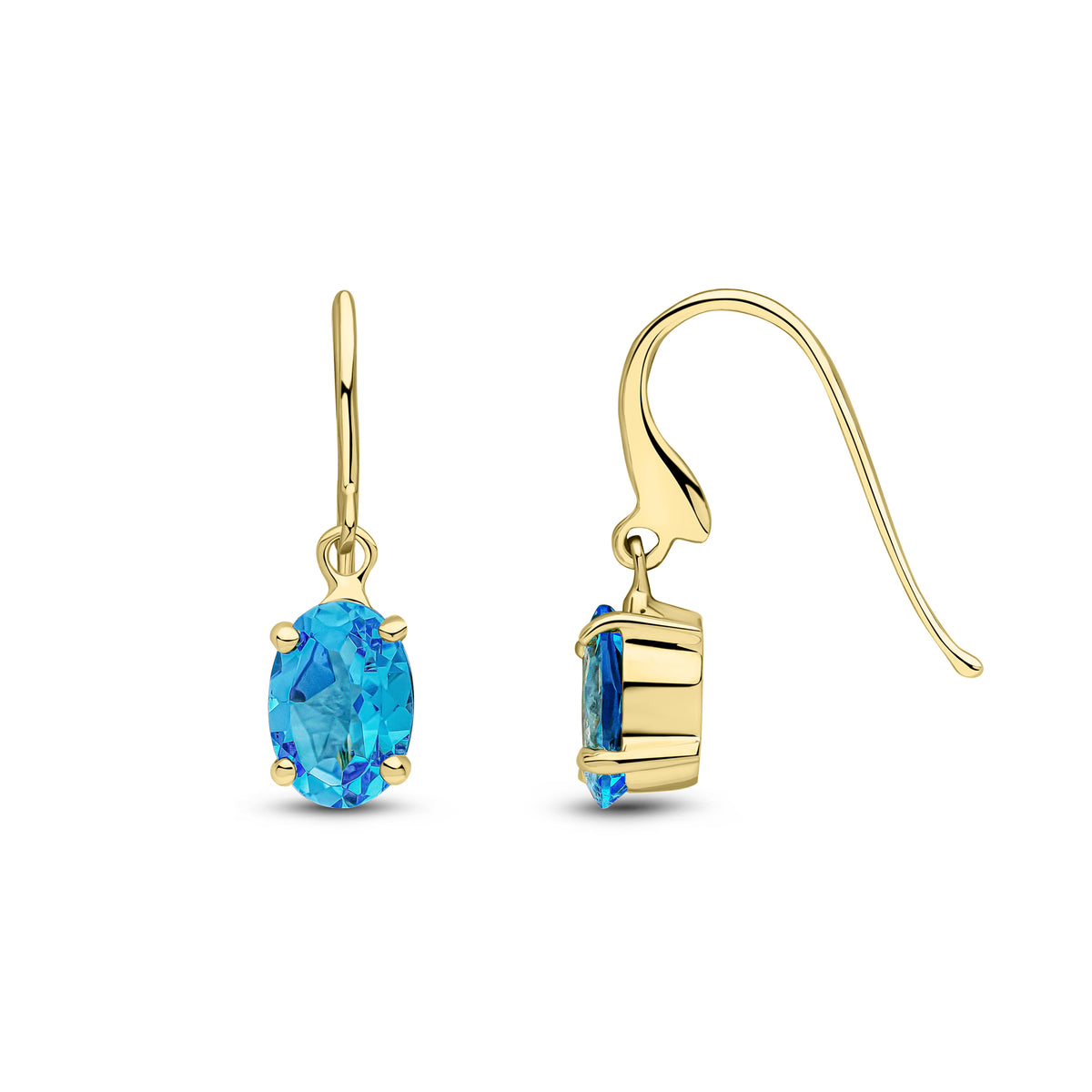 9ct Yellow Gold 7x5 Oval Swiss Blue Topaz Claw Set Drop Earrings with Hook Wire Fitting