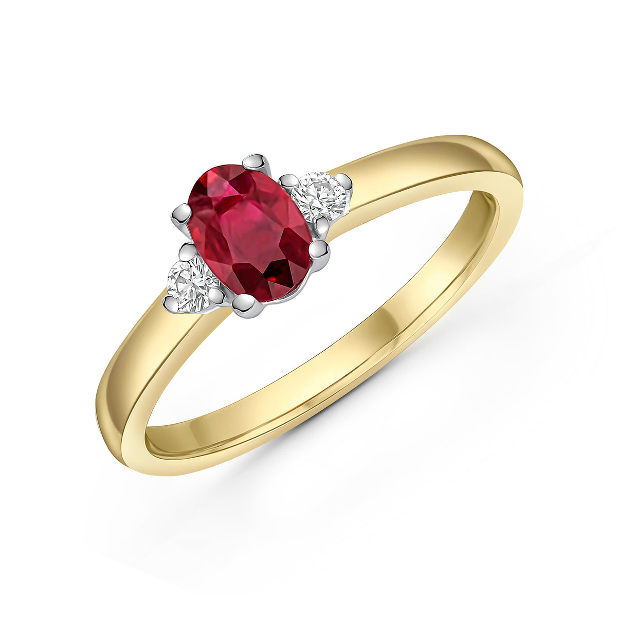 18ct Ywg 6x4 Oval Ruby and Round Diamond Claw Set 3 Stone Ring