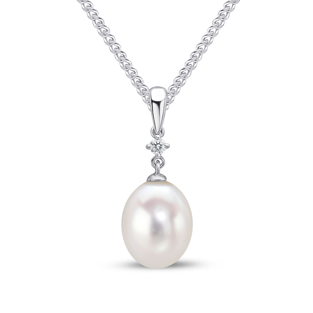 18ct White Gold Cfw Pearl & Claw Set Diamond 2 Stone Pendant with Plain Loop Top