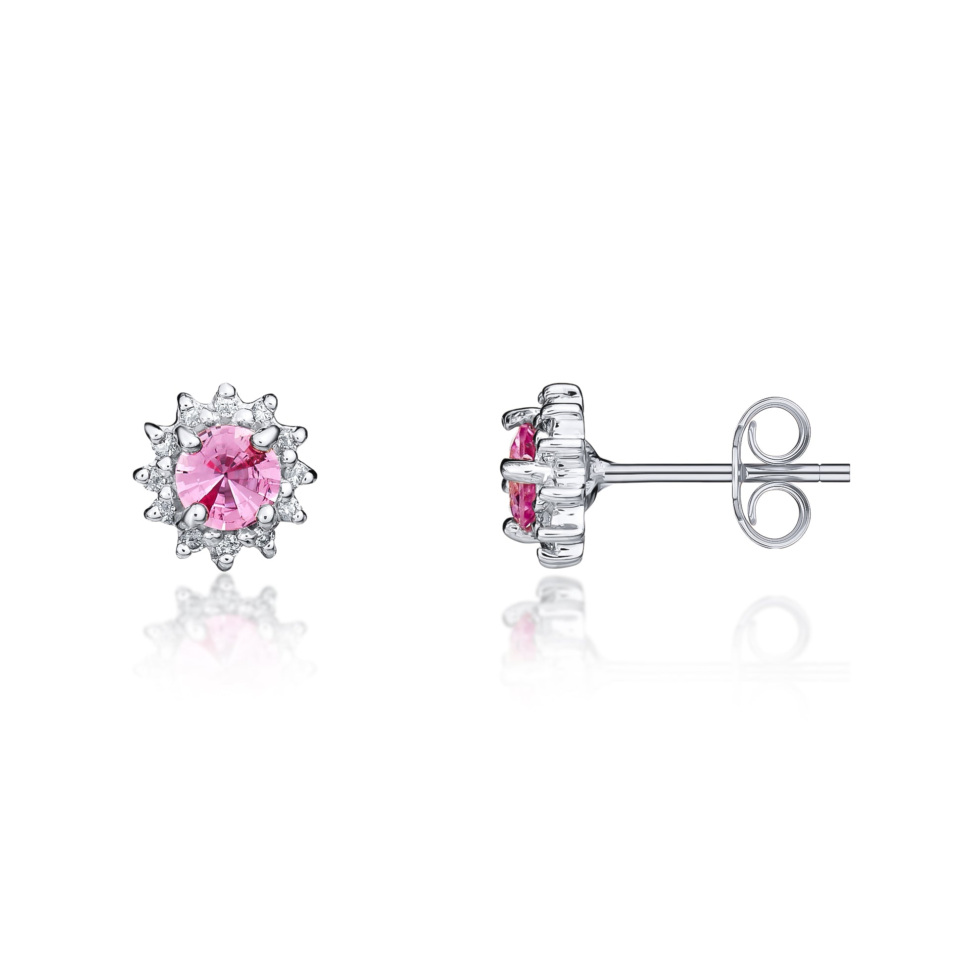 9ct White Gold 4mm Round Pink Sapphire & Diamond Claw Set Cluster Earrings Stone Shortage So Currently Unable to Order