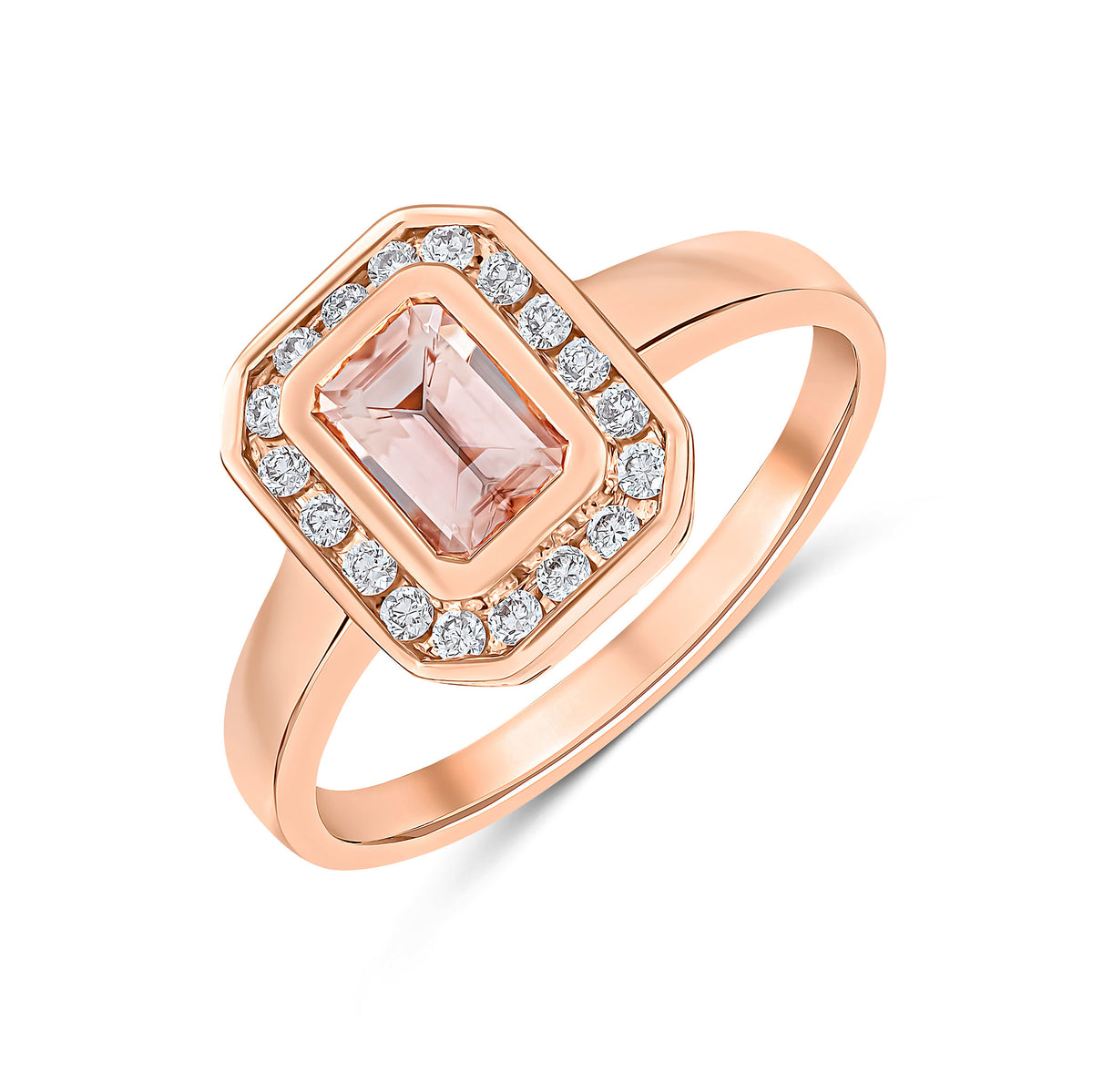 9ct Rose Gold Rubover 6x4 Octagon Morganite & Channel Set Diamond Cluster Ring