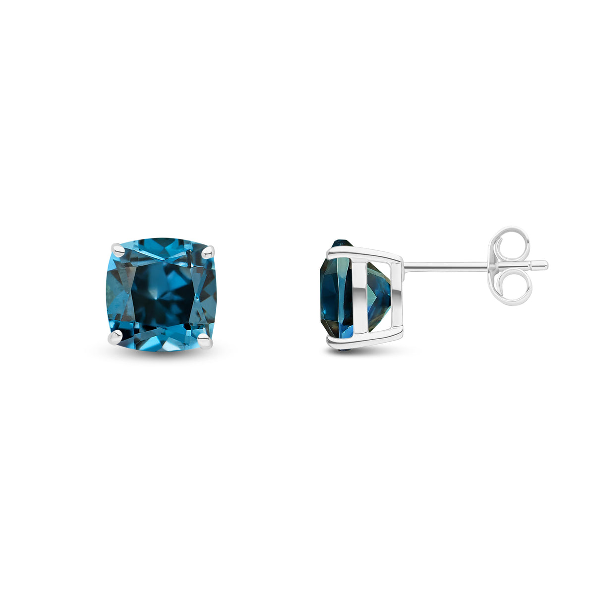 9ct White Gold 8mm Cushion London Blue Topaz Claw Set Earrings