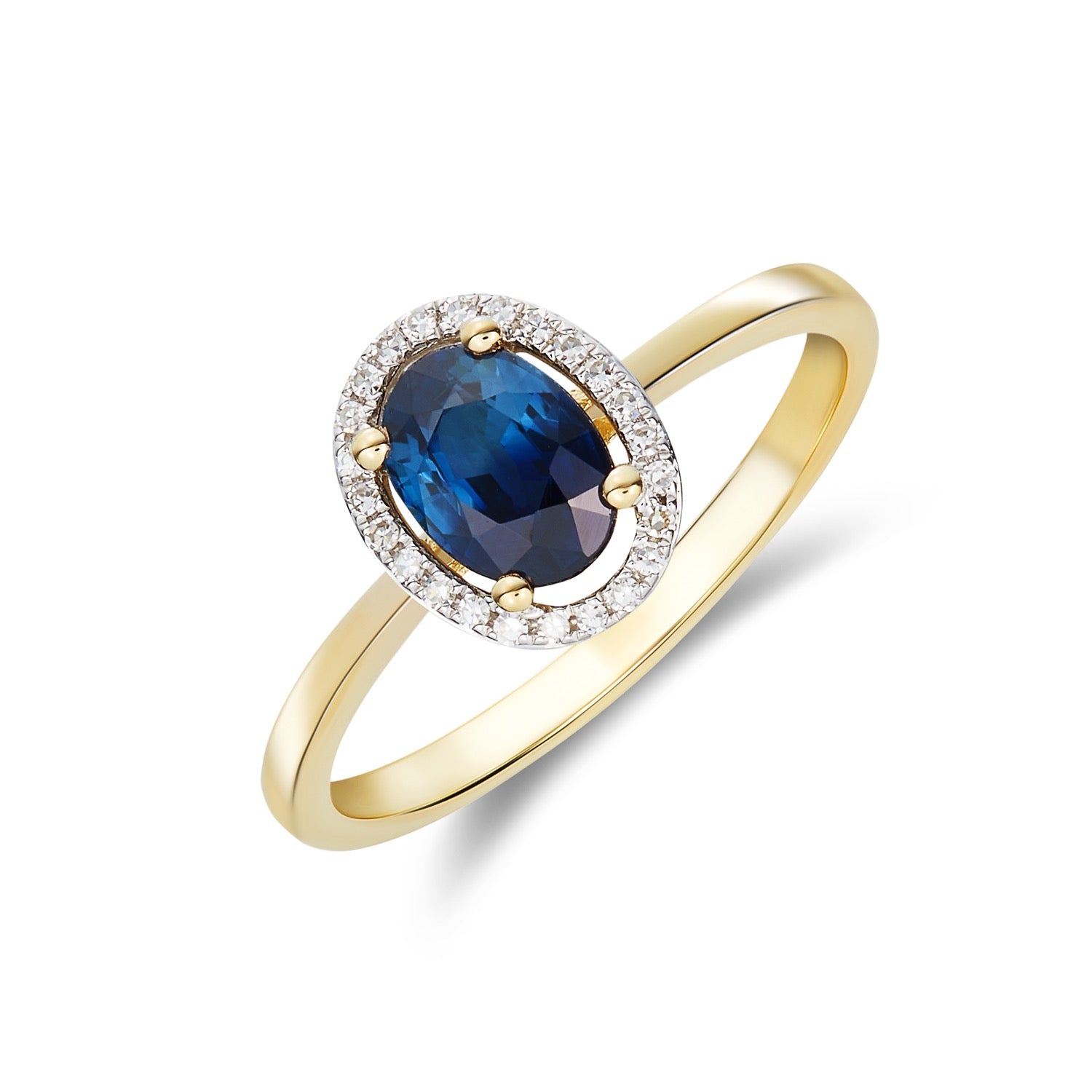 9CT YG 7X5 OVAL SAPPHIRE & ROUND DIAMOND HALO CLUSTER RING. RHODIUM TO DIAMONDS 1