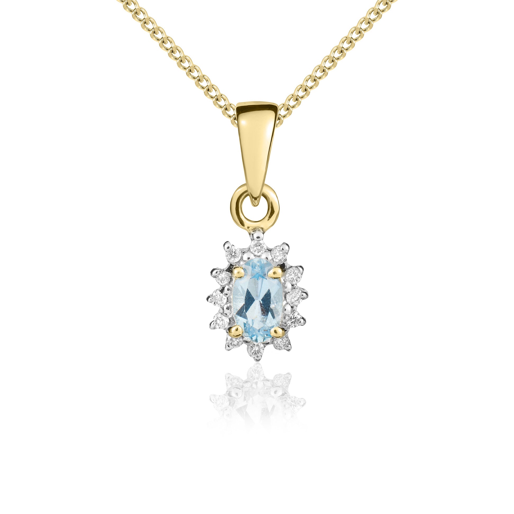 9ct Yellow Gold Oval Aquamarine & Diamond Cluster Pendant