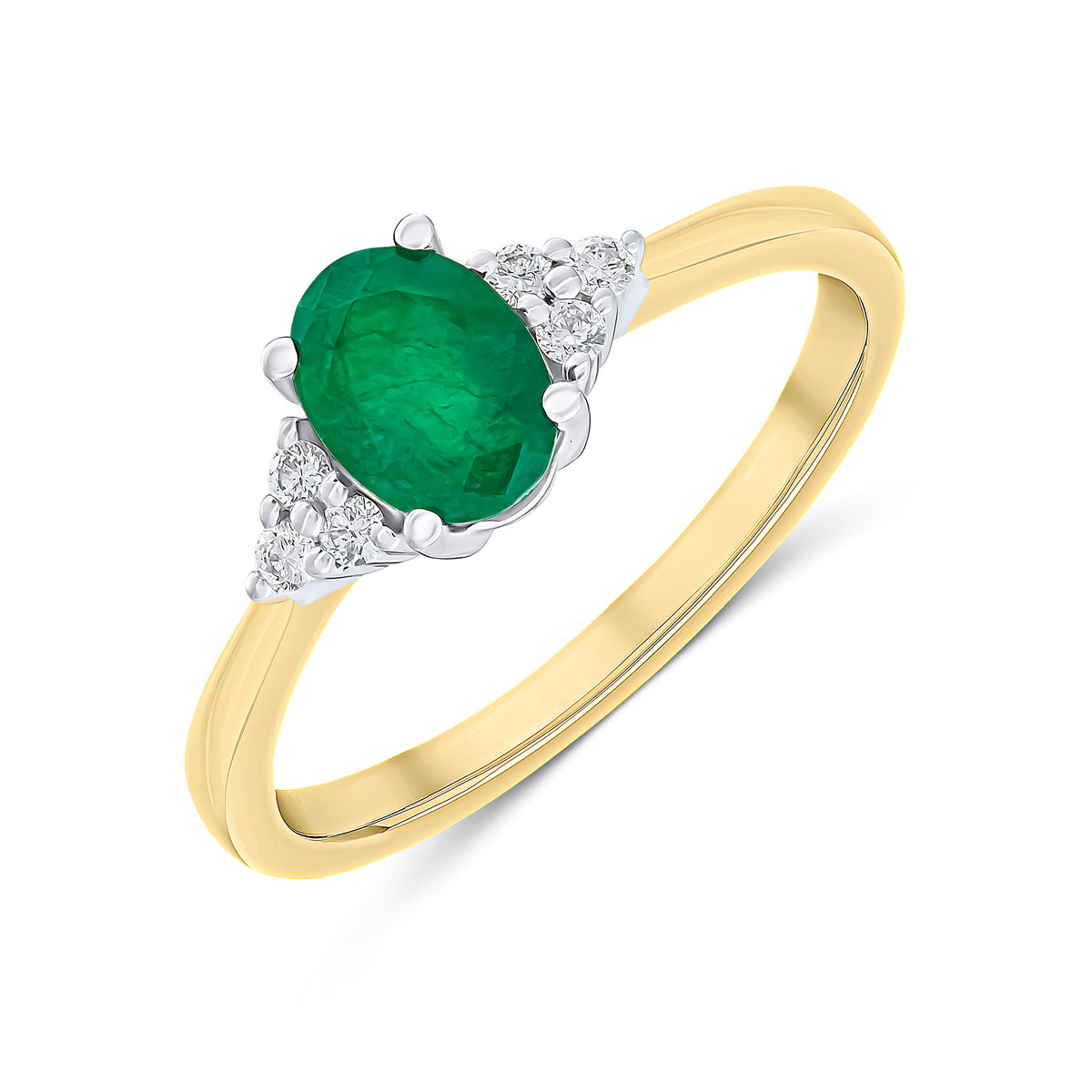 18ct Ywg 7x5 Oval Emerald & Diamond Trefoil Shoulders Ring