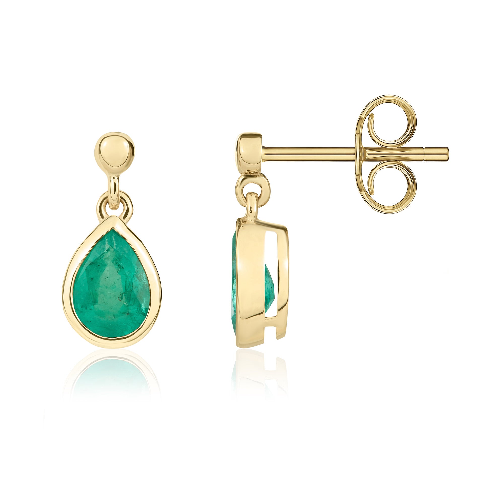 9ct Yellow Gold 6x4mm Pear Shape Emerald Rubover Drop Earrings with 2.5mm Bead Top