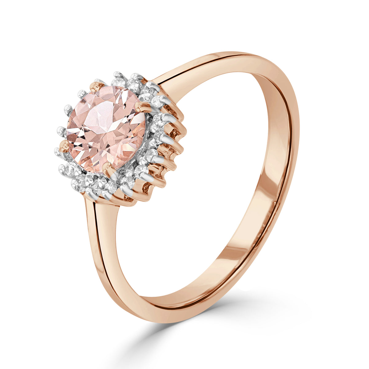 9ct Rose Gold 6mm Round Morganite & Diamond Claw Set Cluster Ring Rhodium to Diamonds