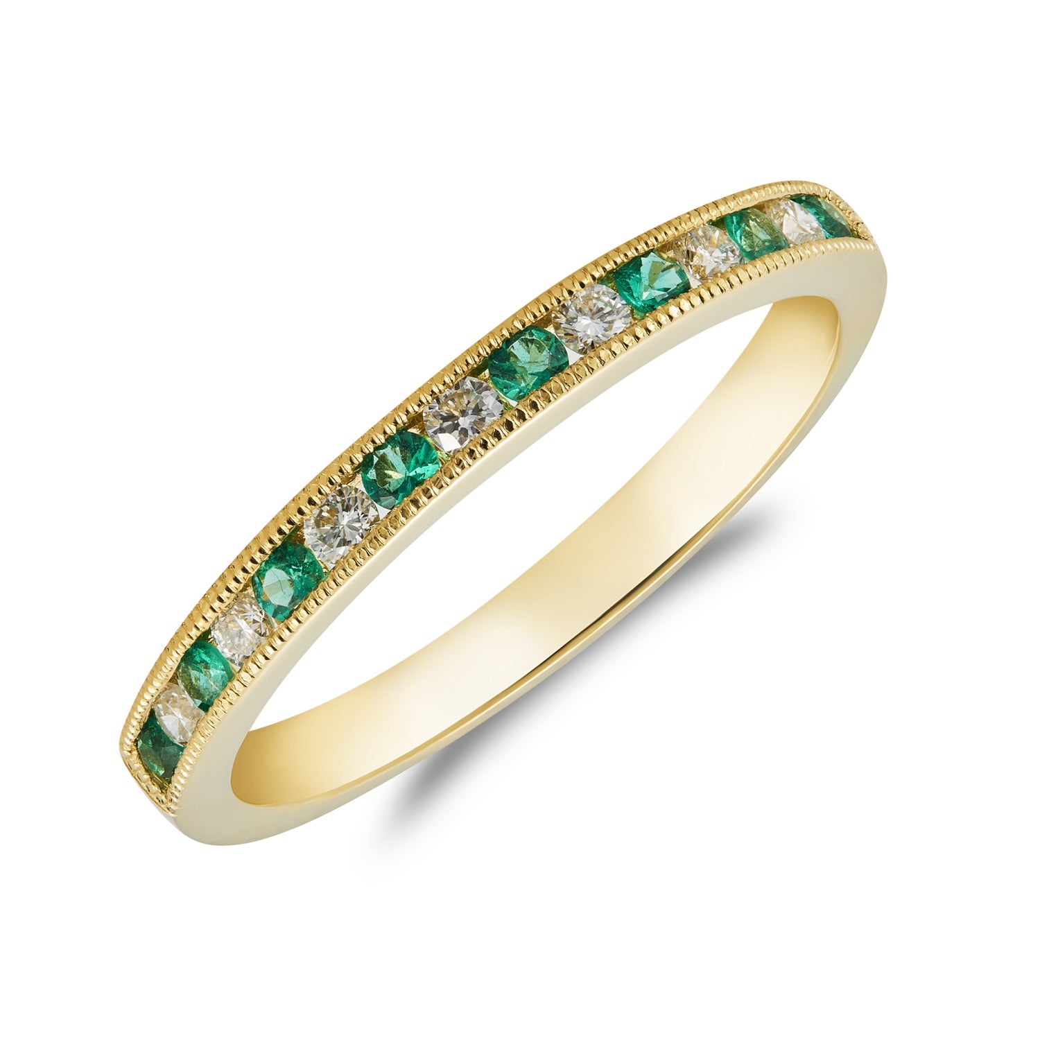 18ct Yellow Gold Round Emerald and Round Diamond Milgrain 15 Stone Ring