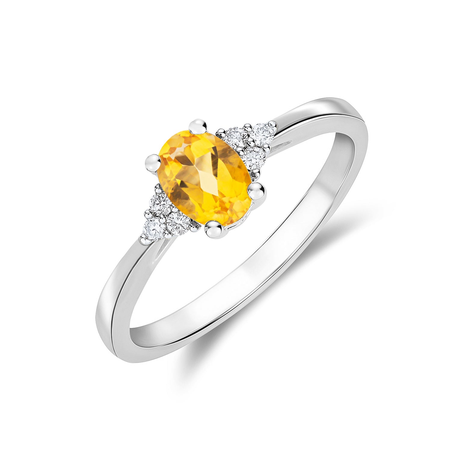 9ct White Gold 7x5 Oval Citrine & Diamond Trefoil Shoulders Ring
