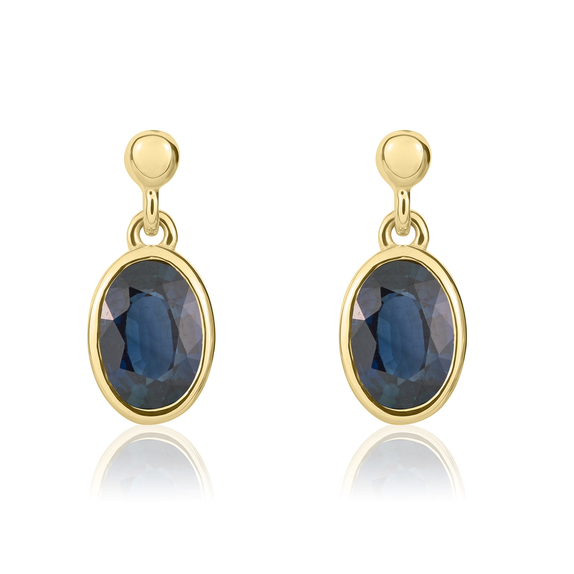 9ct Yellow Gold 7x5mm Oval Sapphire Rubover Drop Earrings with Bead Top