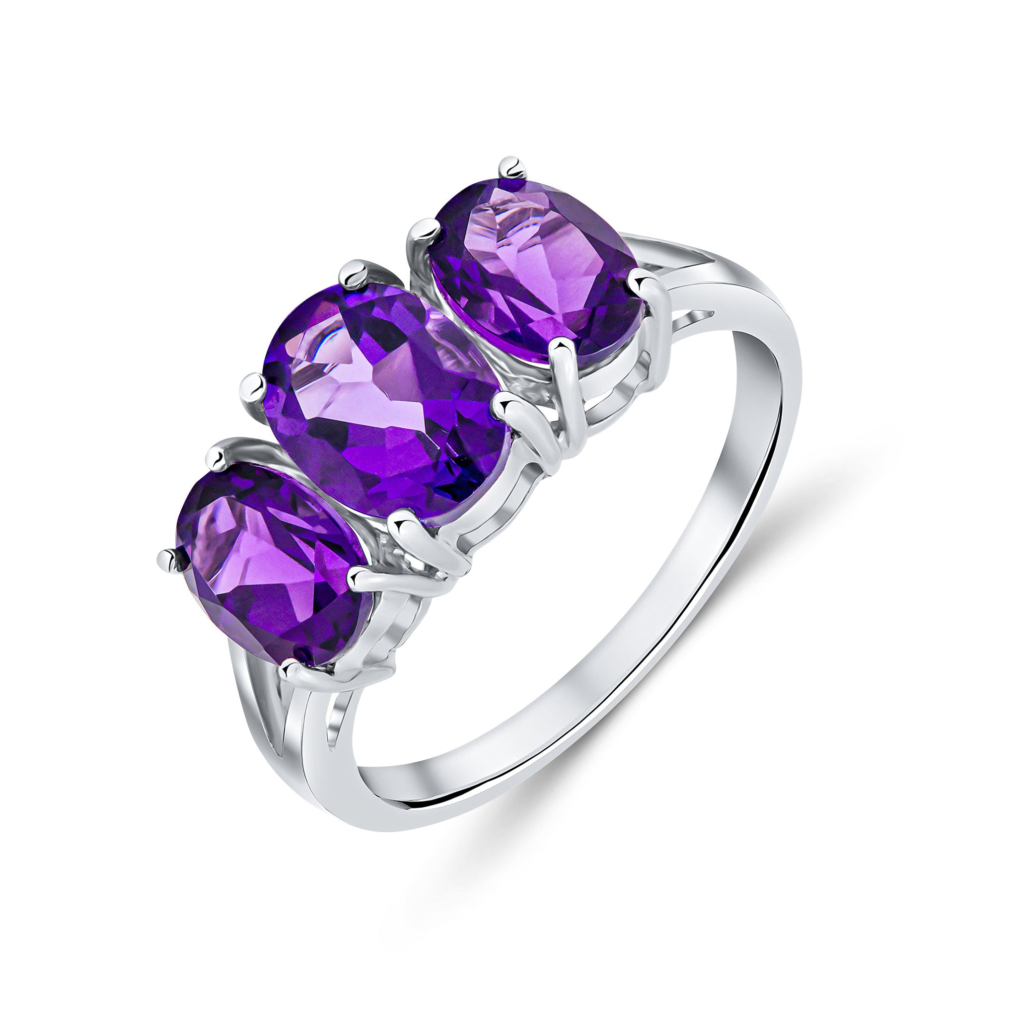 9ct White Gold Oval Amethyst Claw Set 3 Stone Ring with Split Shoulders