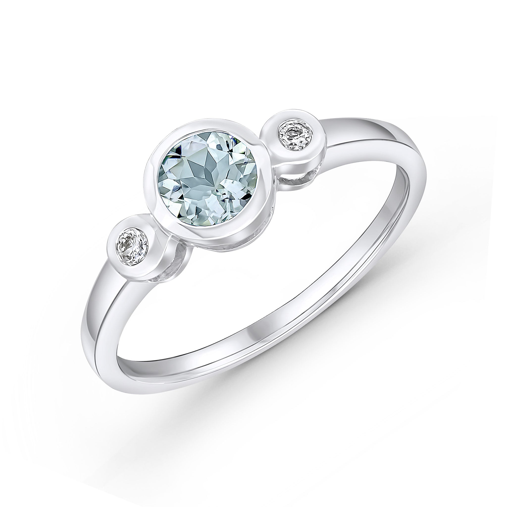 9ct White Gold 5mm Round Aquamarine and Round Diamond 3 Stone Rubover Ring