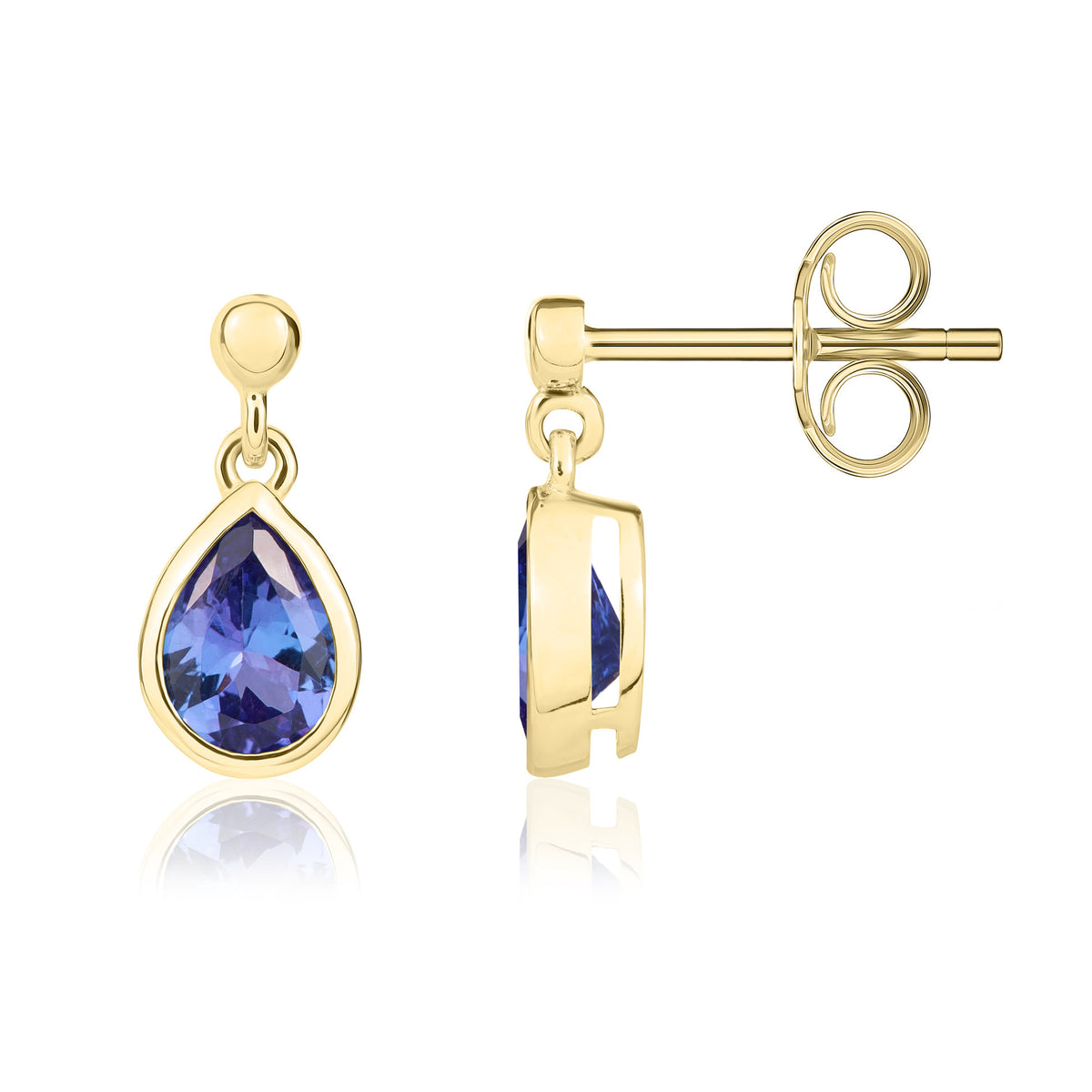 9ct Yellow Gold 6x4mm Pear Shape Tanzanite Rubover Drop Earrings with 2.5mm Bead Top