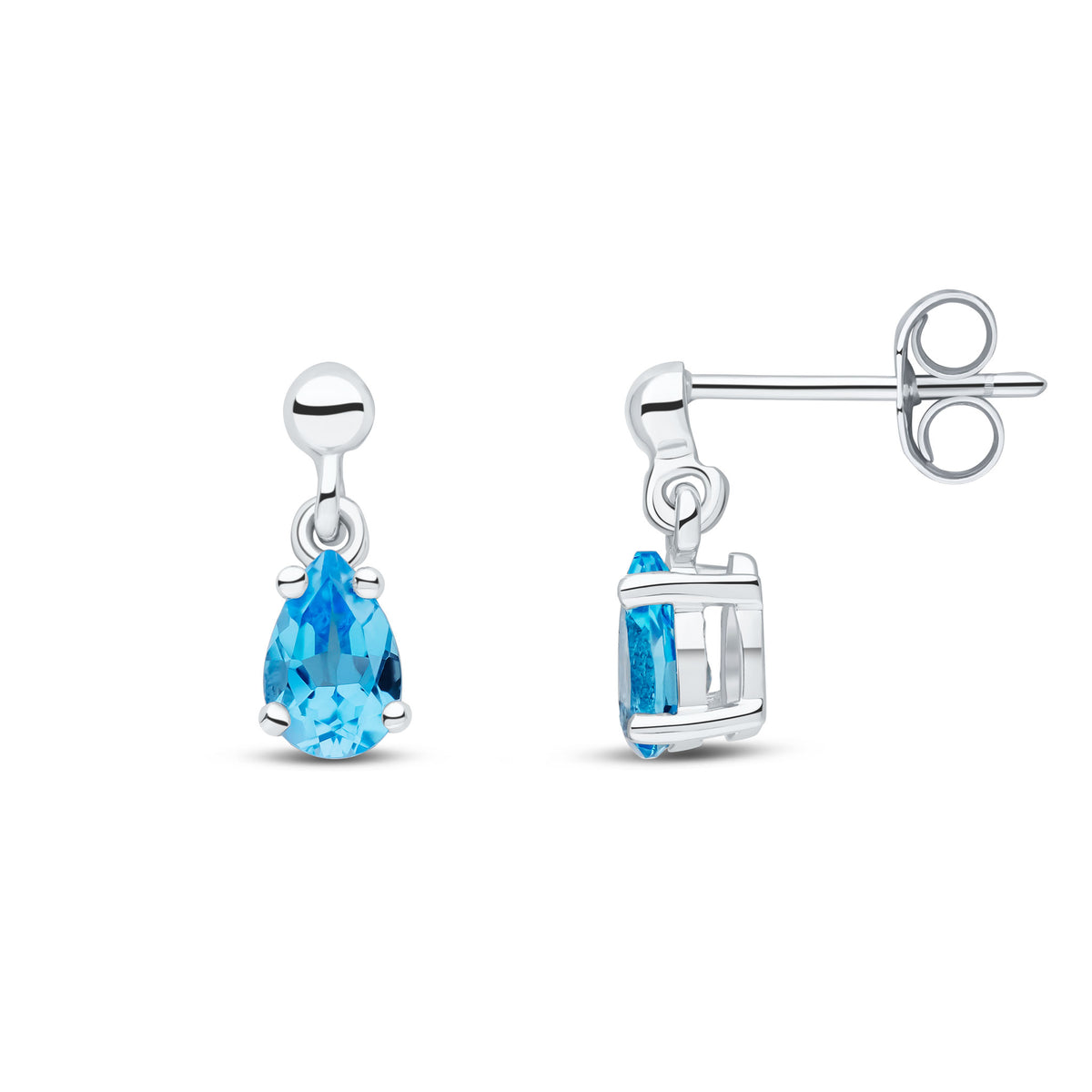 9ct White Gold 6x4 Pear Shape Swiss Blue Topaz Claw Set Drop Earrings with Bead Stud Top