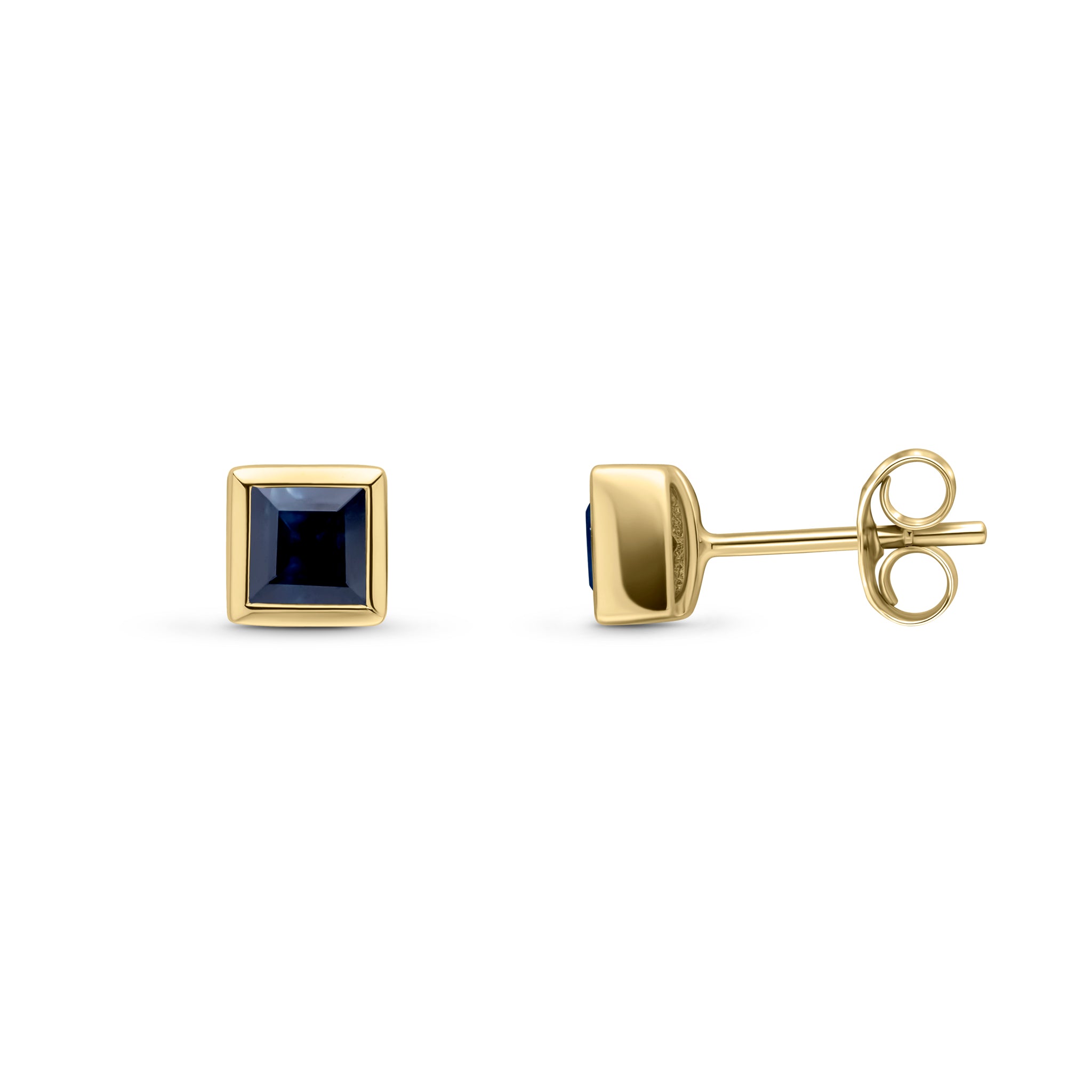 9ct Yellow Gold 4mm Square Sapphire Rubover Set Stud Earrings