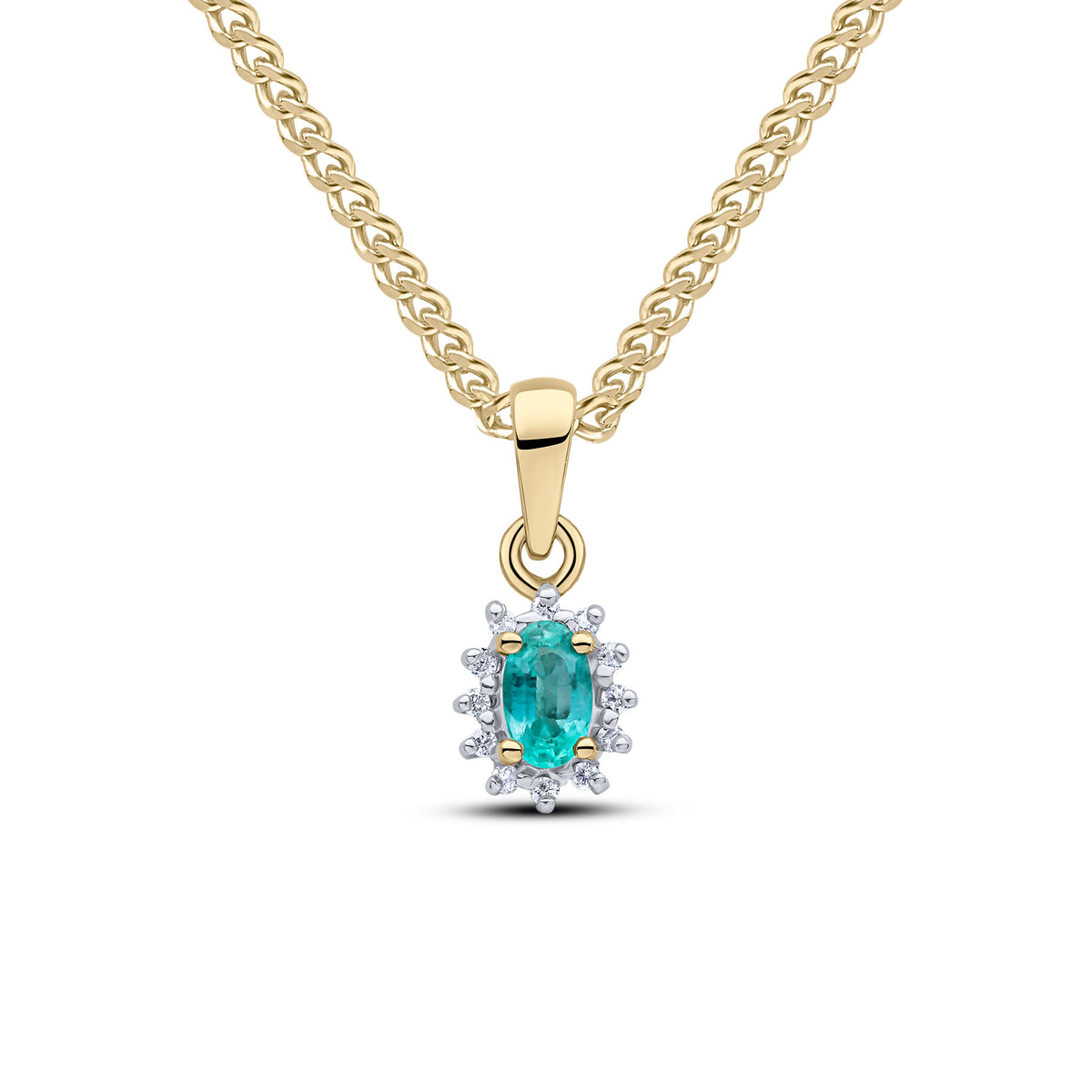 9ct Yellow Gold 5x3 Oval Emerald & Diamond Claw Set Cluster Pendant