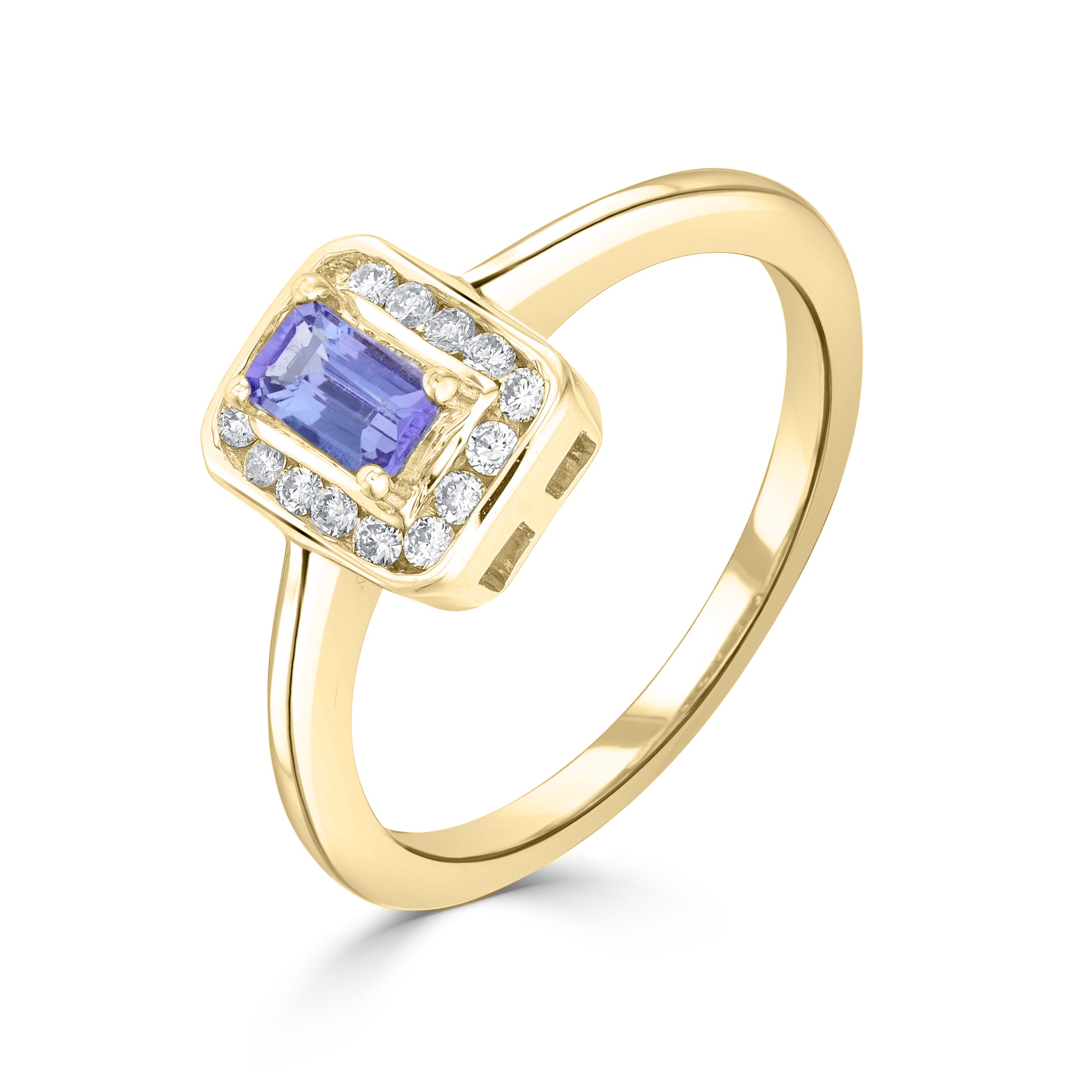 9CT YG CLAW SET 5X3 OCTAGON TANZANITE AND CHANNEL SET ROUND DIAMOND CLUSTER RING 1