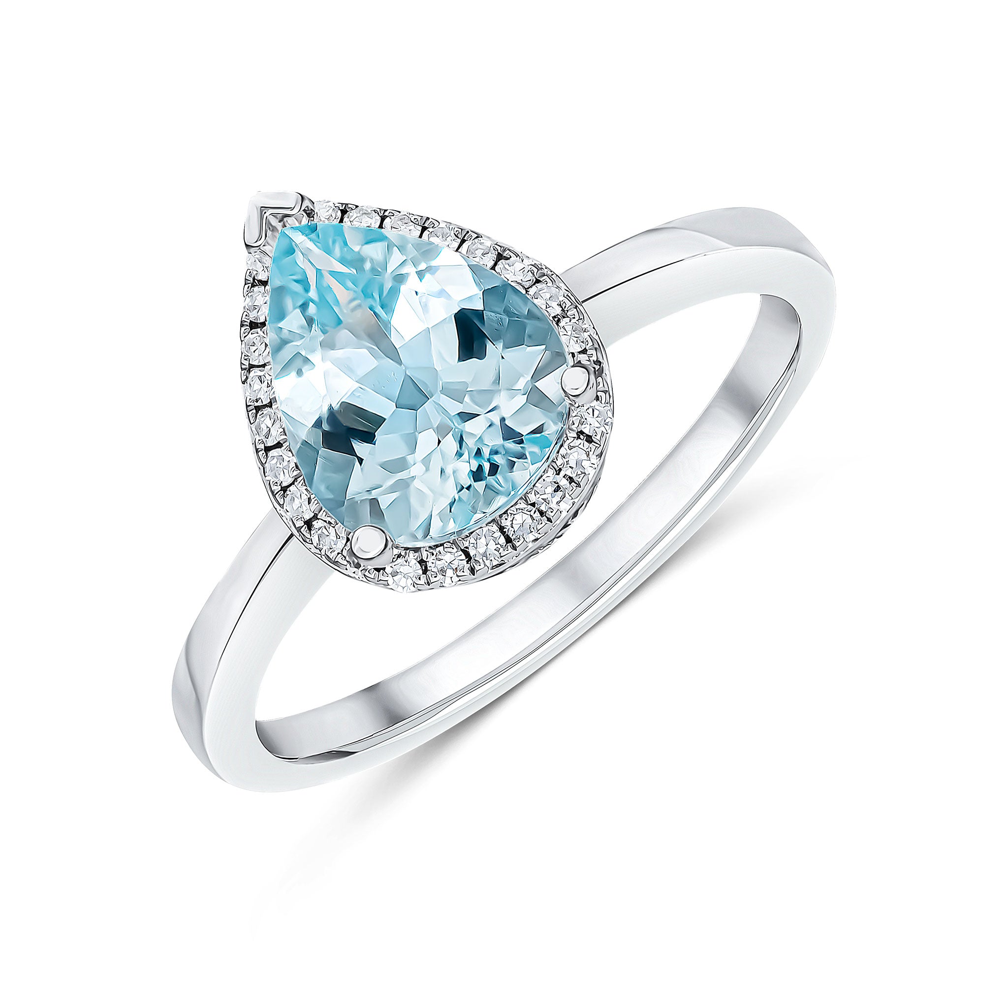 9ct White Gold 9x7mm Pear Aquamarine and Diamond Claw Set Cluster Ring
