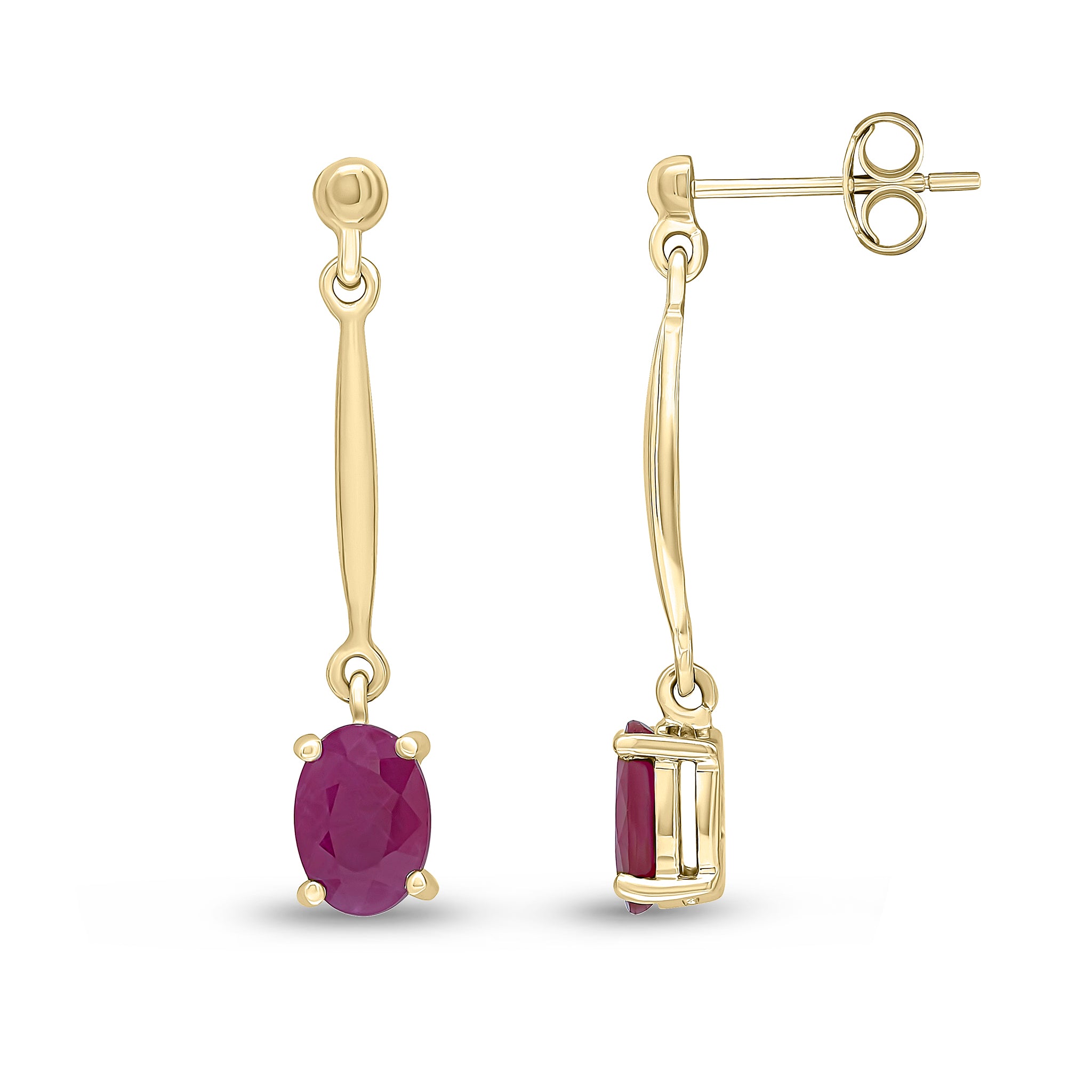 9ct Yellow Gold 7x5mm Oval Ruby and Bar Drop Earrings with Bead Top