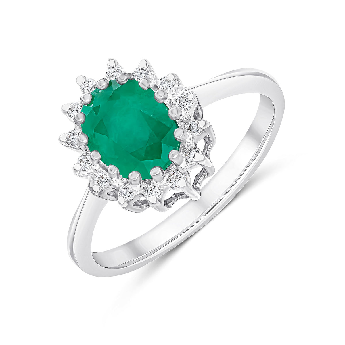 9ct White Gold 8x6 Oval Emerald & Diamond Claw Set Cluster Ring