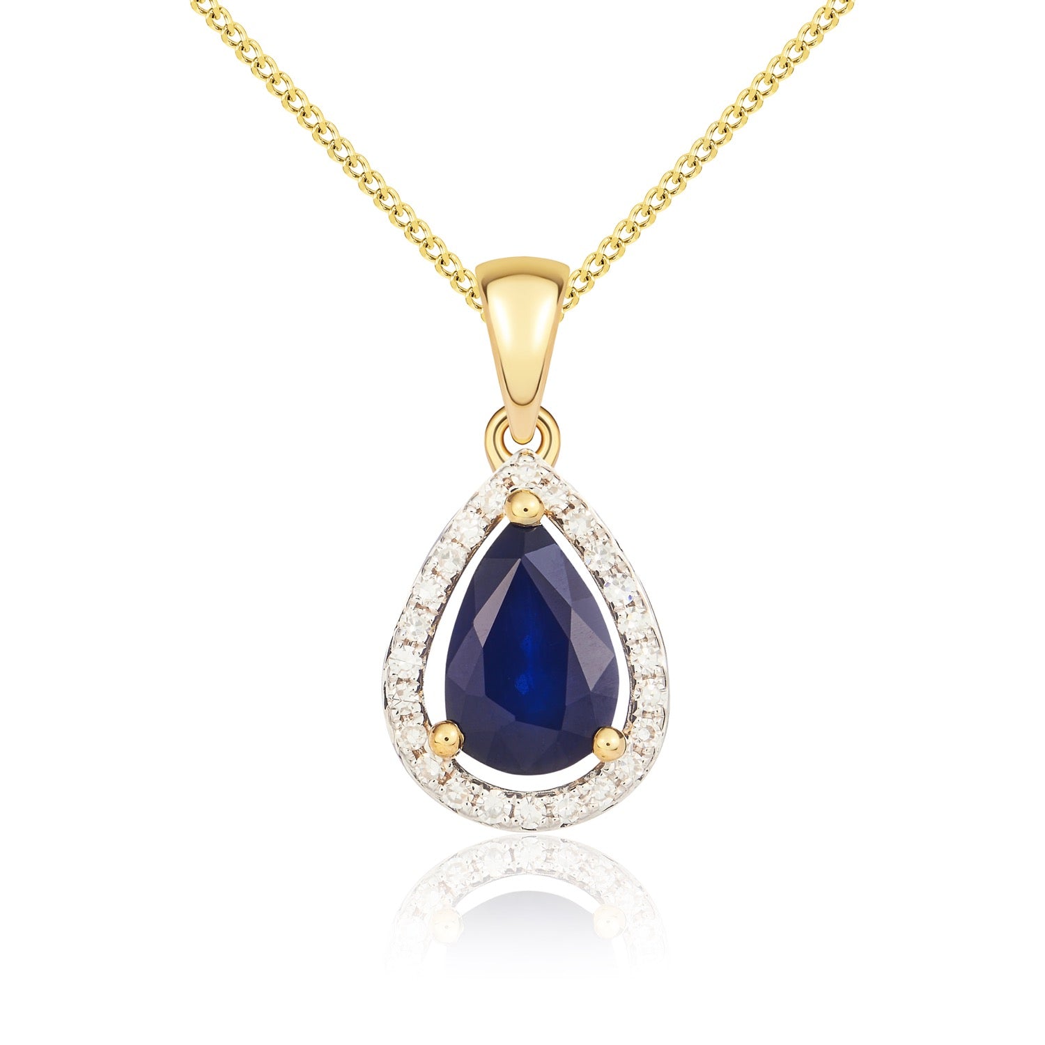 9ct Yellow Gold 7x5 Pear Shape Sapphire & Diamond Halo Claw Cluster Pendant Rhodium to Diamonds
