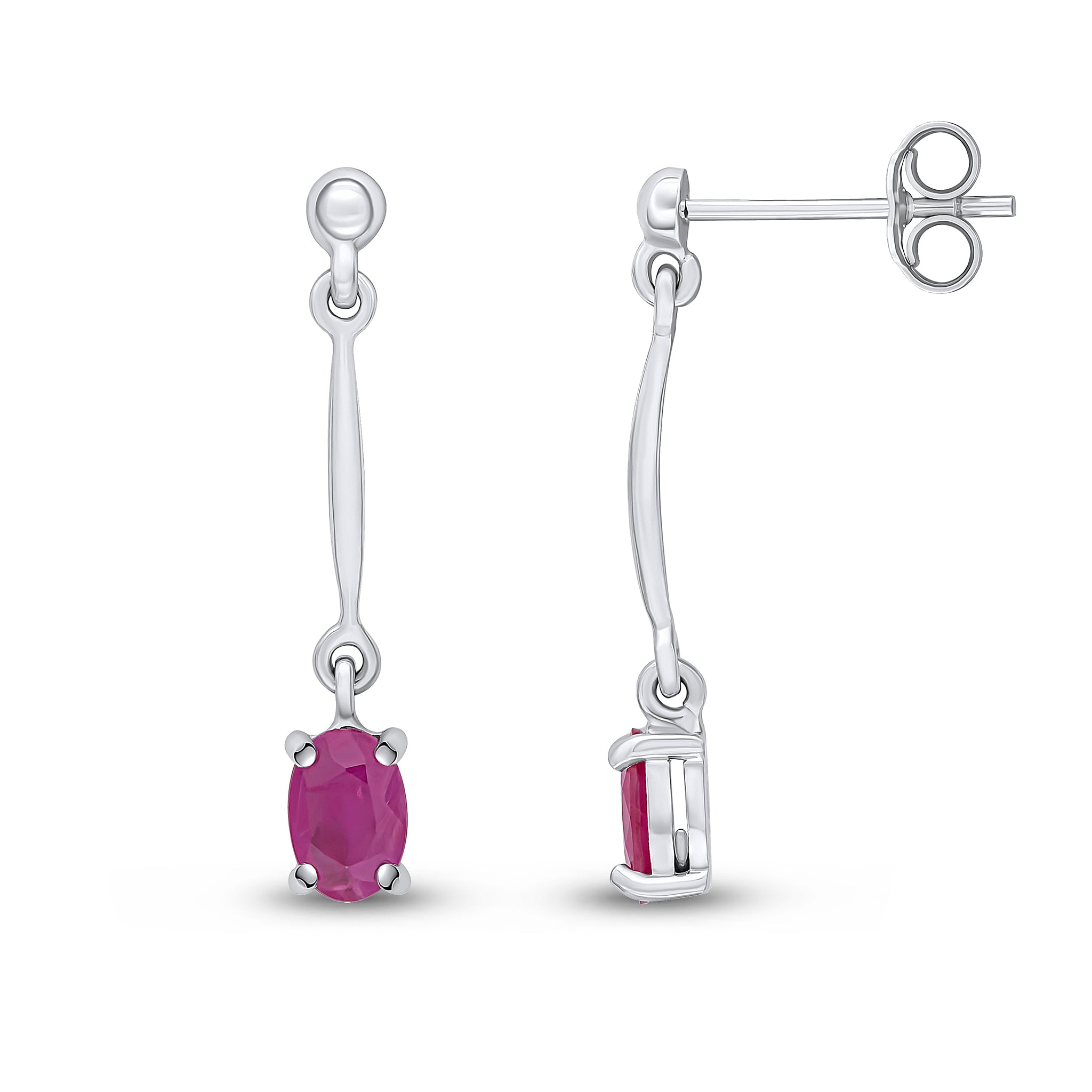 9ct White Gold Claw Set 6x4mm Oval Ruby and Bar Drop Earrings
