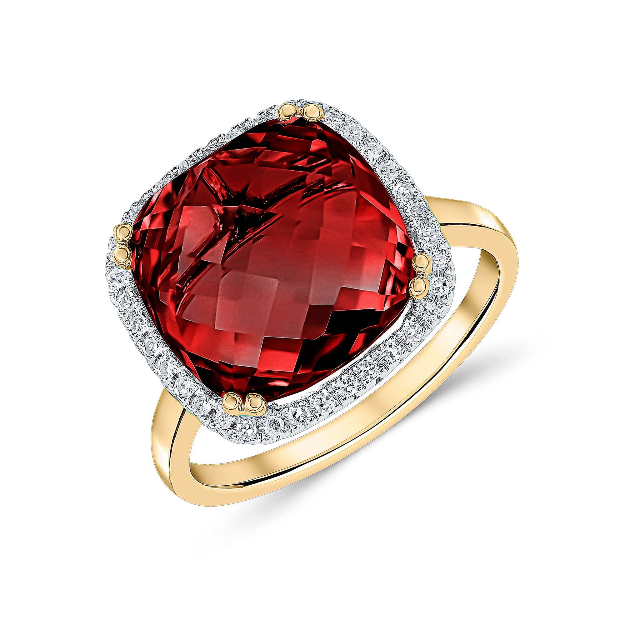 9ct Yellow Gold 12mm Checkerboard Cut Cushion Garnet & Round Diamond Claw Set Cluster Ring Rhdoium to Diamonds
