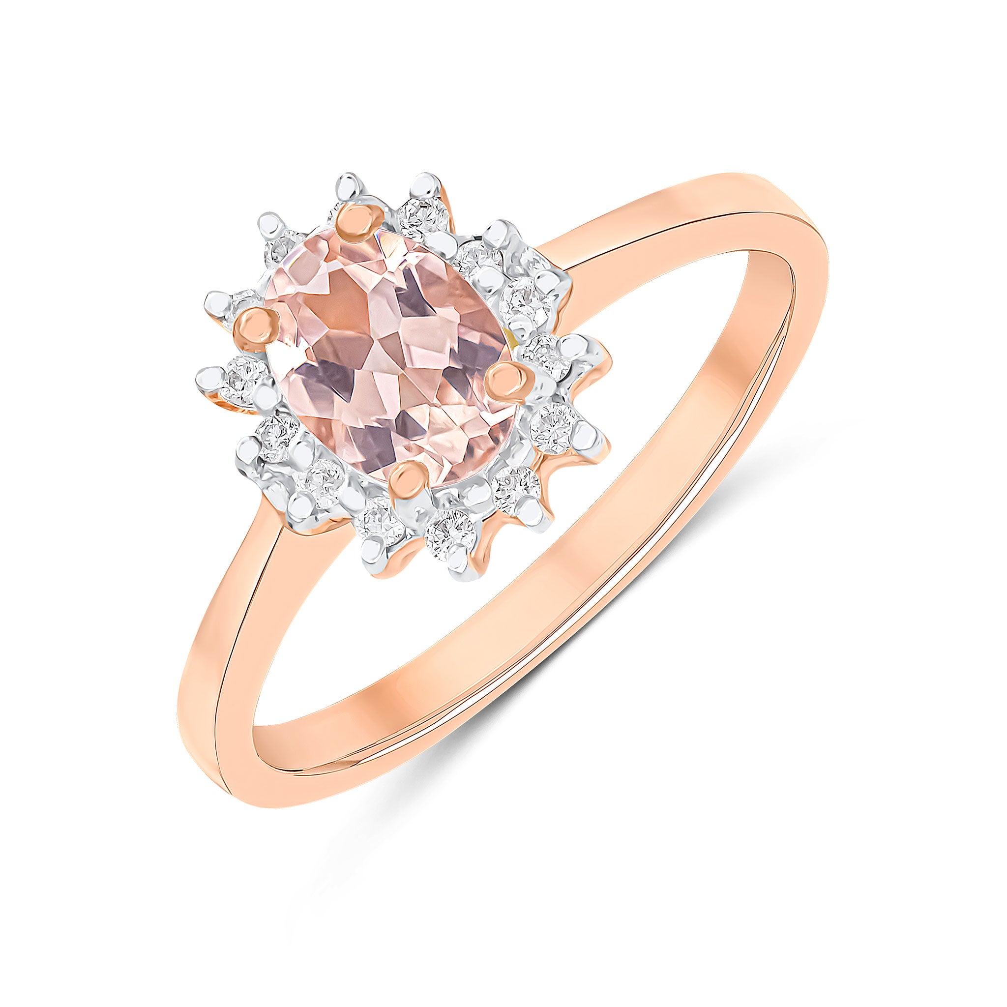 18ct Rose Gold 7x5 Oval Morganite & Diamond Claw Set Cluster Ring Rhodium to Diamonds