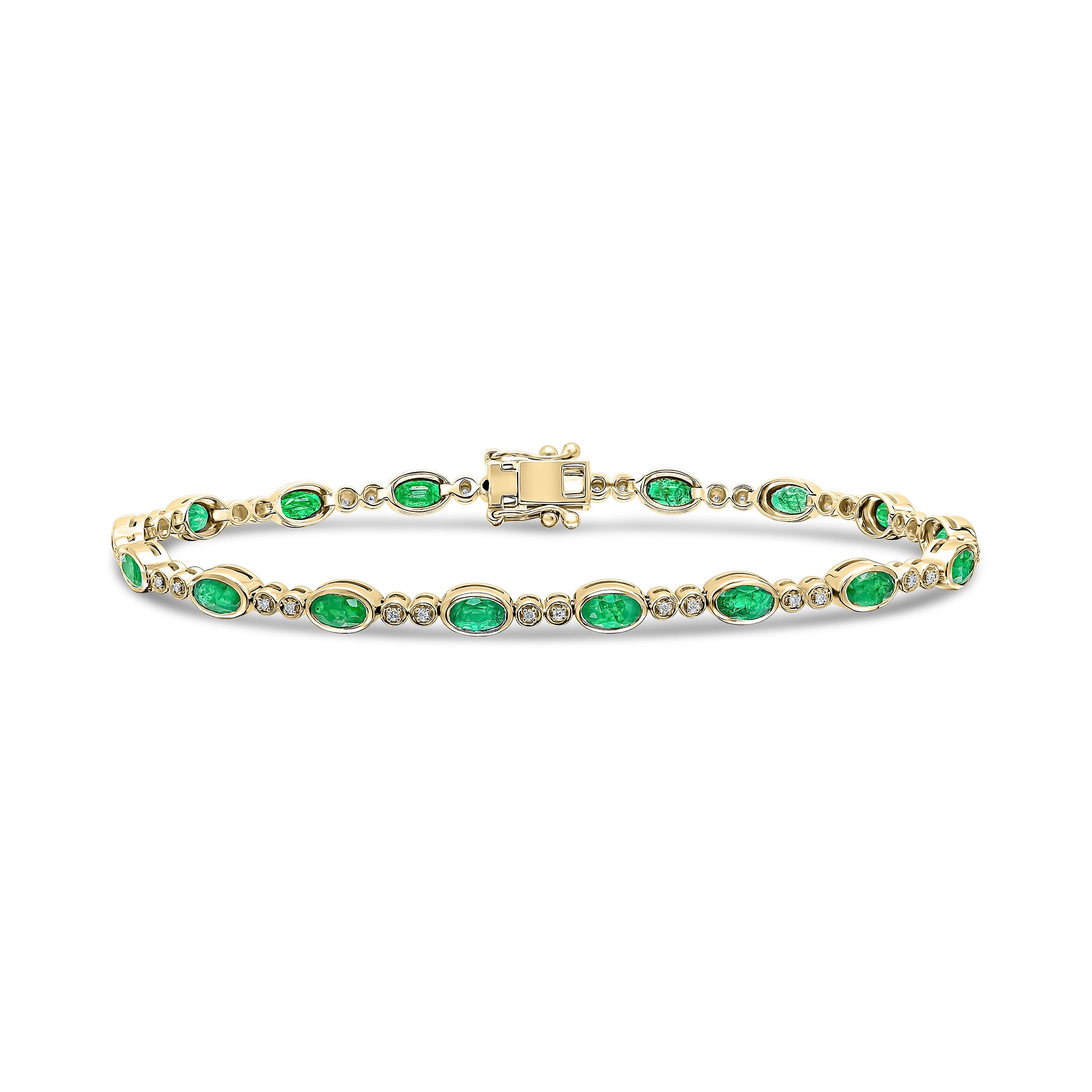 18ct Yellow Gold Oval Emerald and 2 Stone Round Diamond Rubover Line Bracelet Rhodium to Diamonds