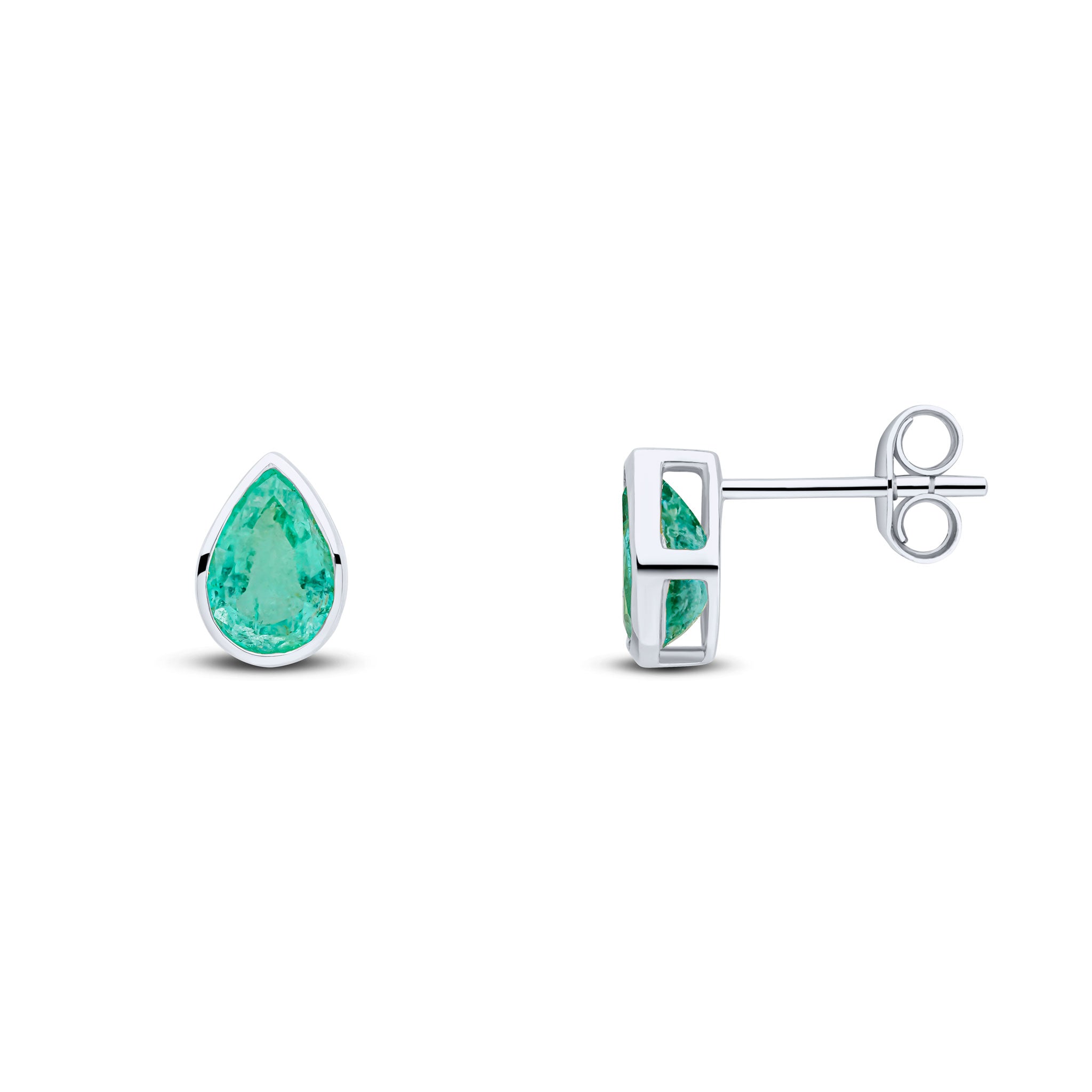 9ct White Gold 7x5 Pear Shape Emerald Rubover Set Earrings