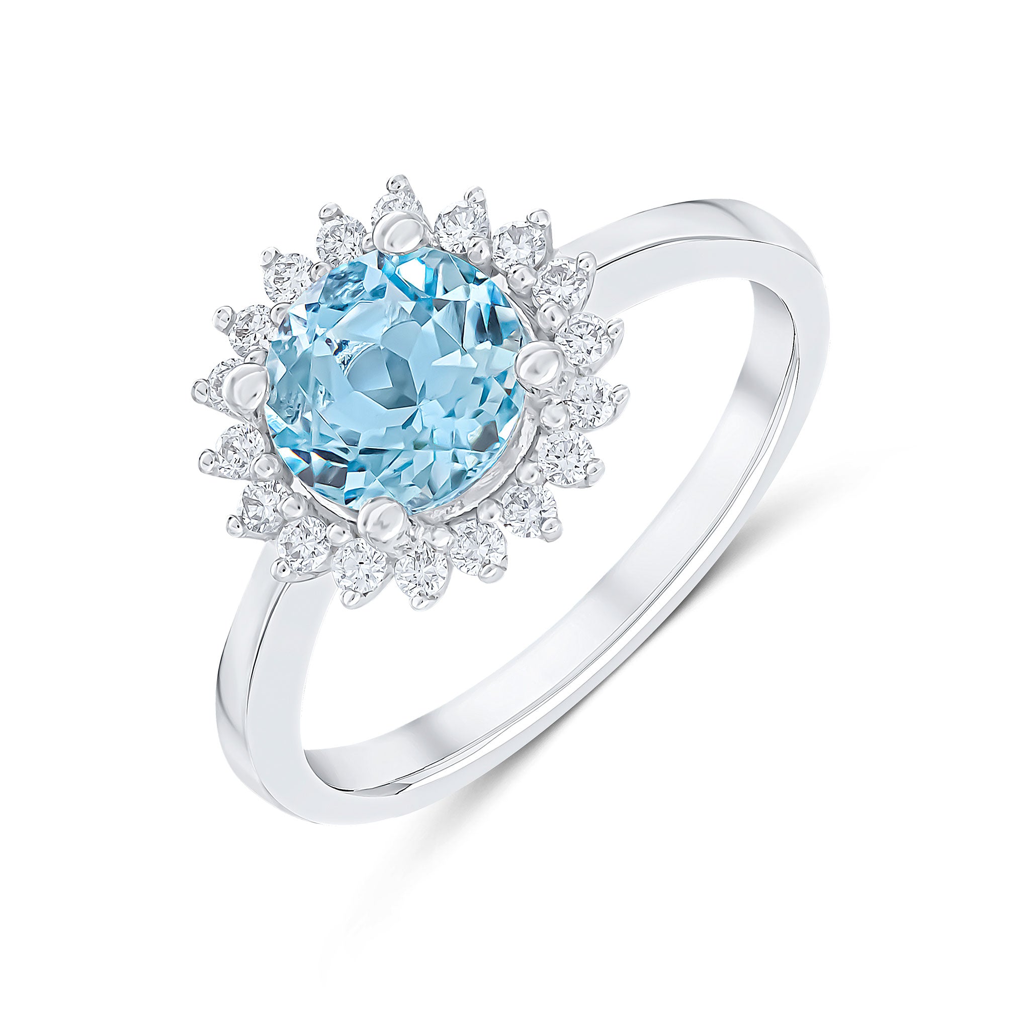 18ct White Gold 7mm Round Aquamarine and Diamond Claw Set Cluster Ring
